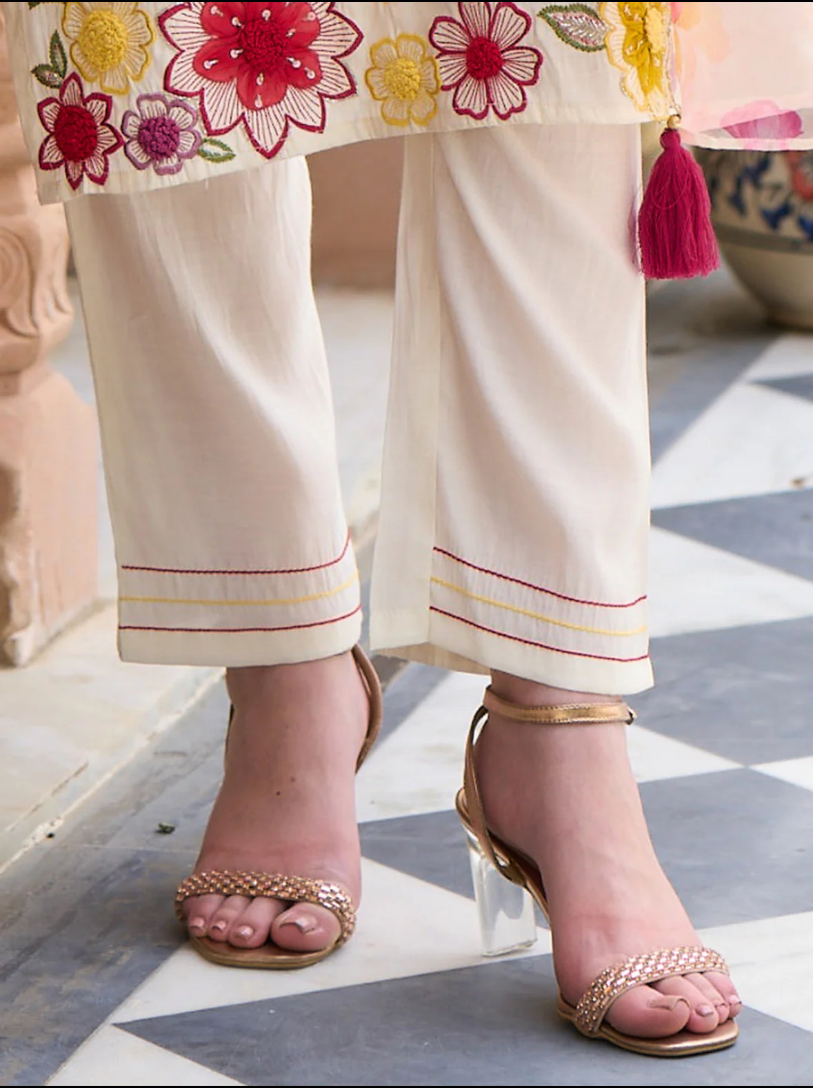 Off White Embroidered Straight Kurta Trousers With Dupatta Set