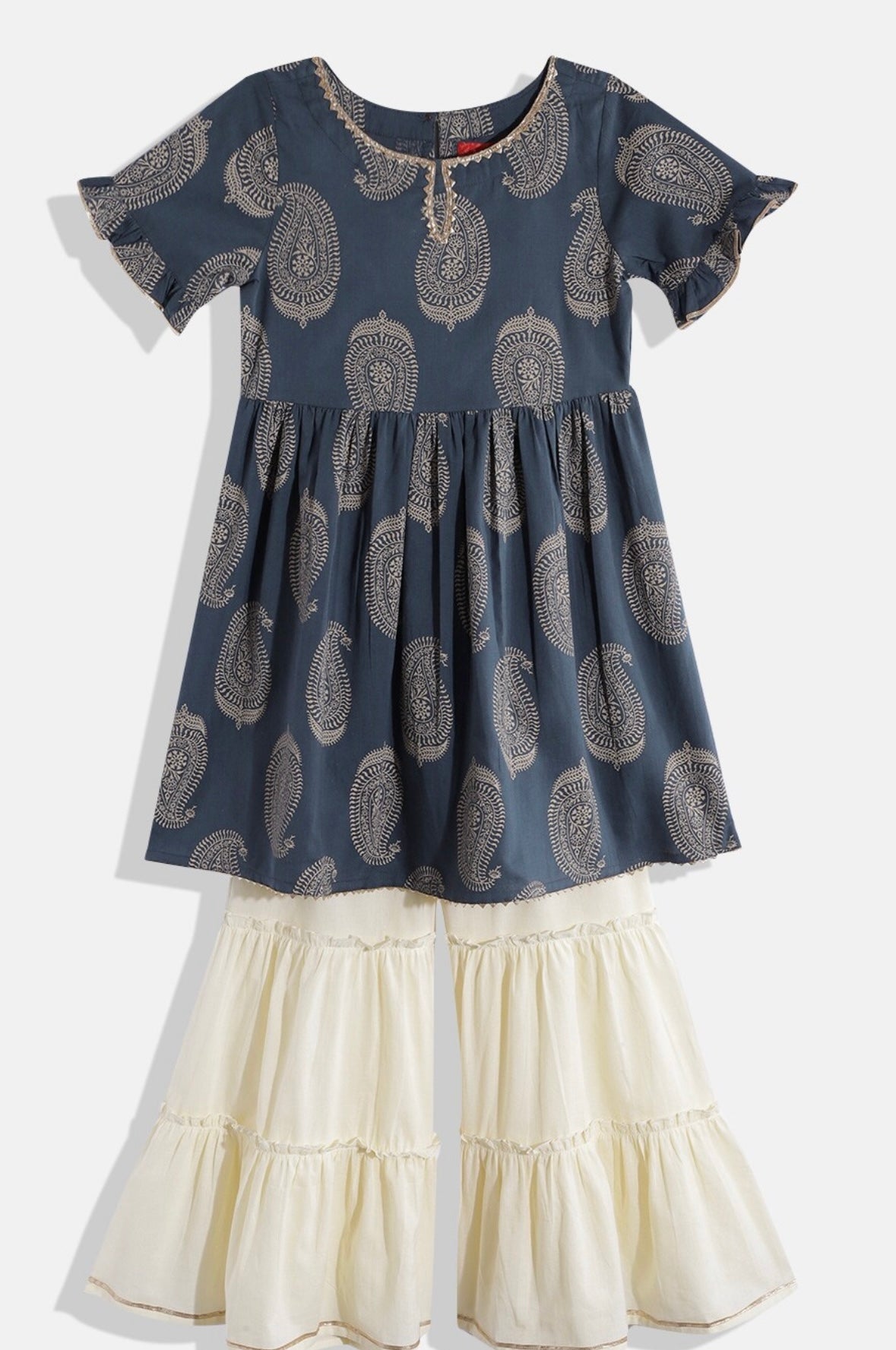 Ethnic Motifs Printed Pleated Gotta Patti Kurta with Sharara Indo-Silae