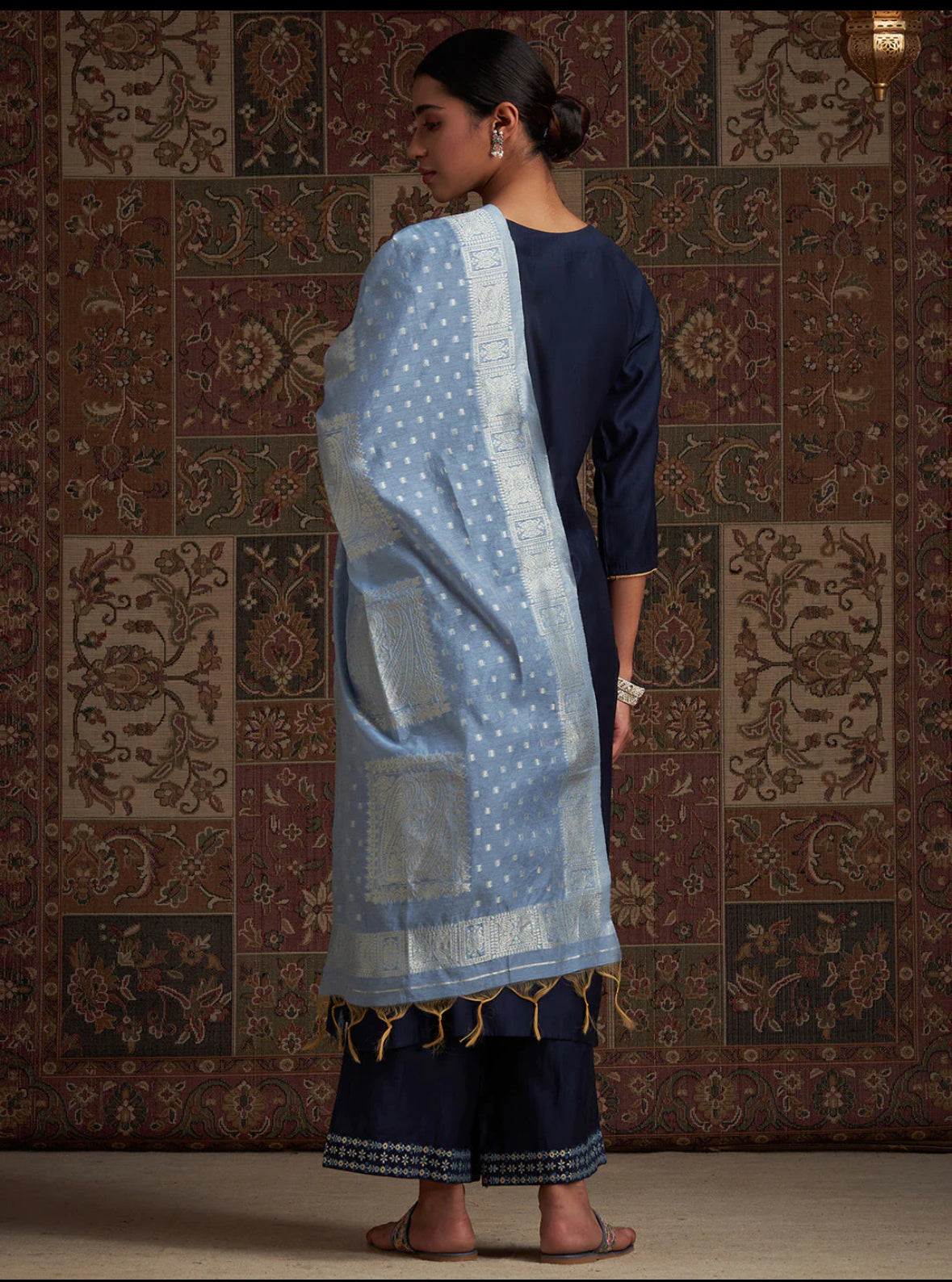 Navy Blue Embroidered Straight Kurta Palazzos With Dupatta Set Indo-Silae