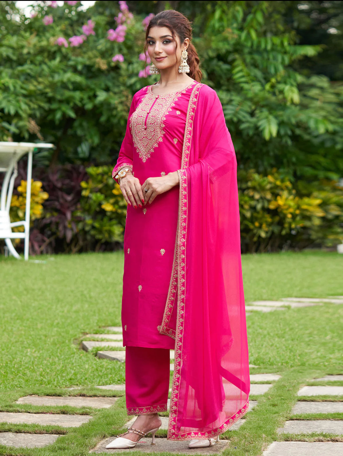 Pink Embroidered Straight Kurta Trousers With Dupatta Set
