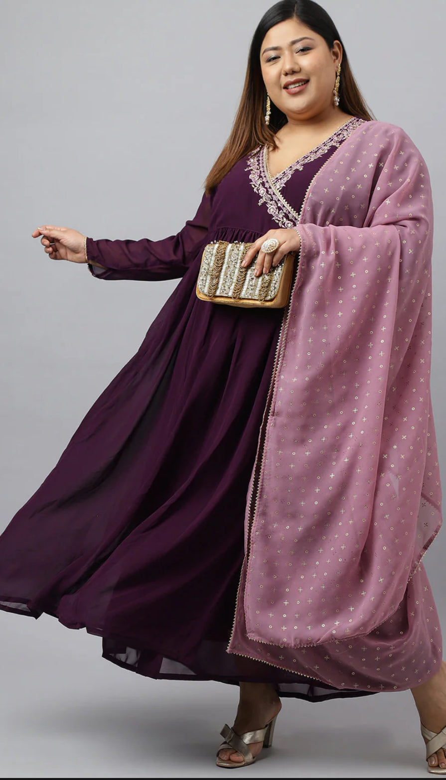 Wine Georgette Embellished Kurta with Dupatta