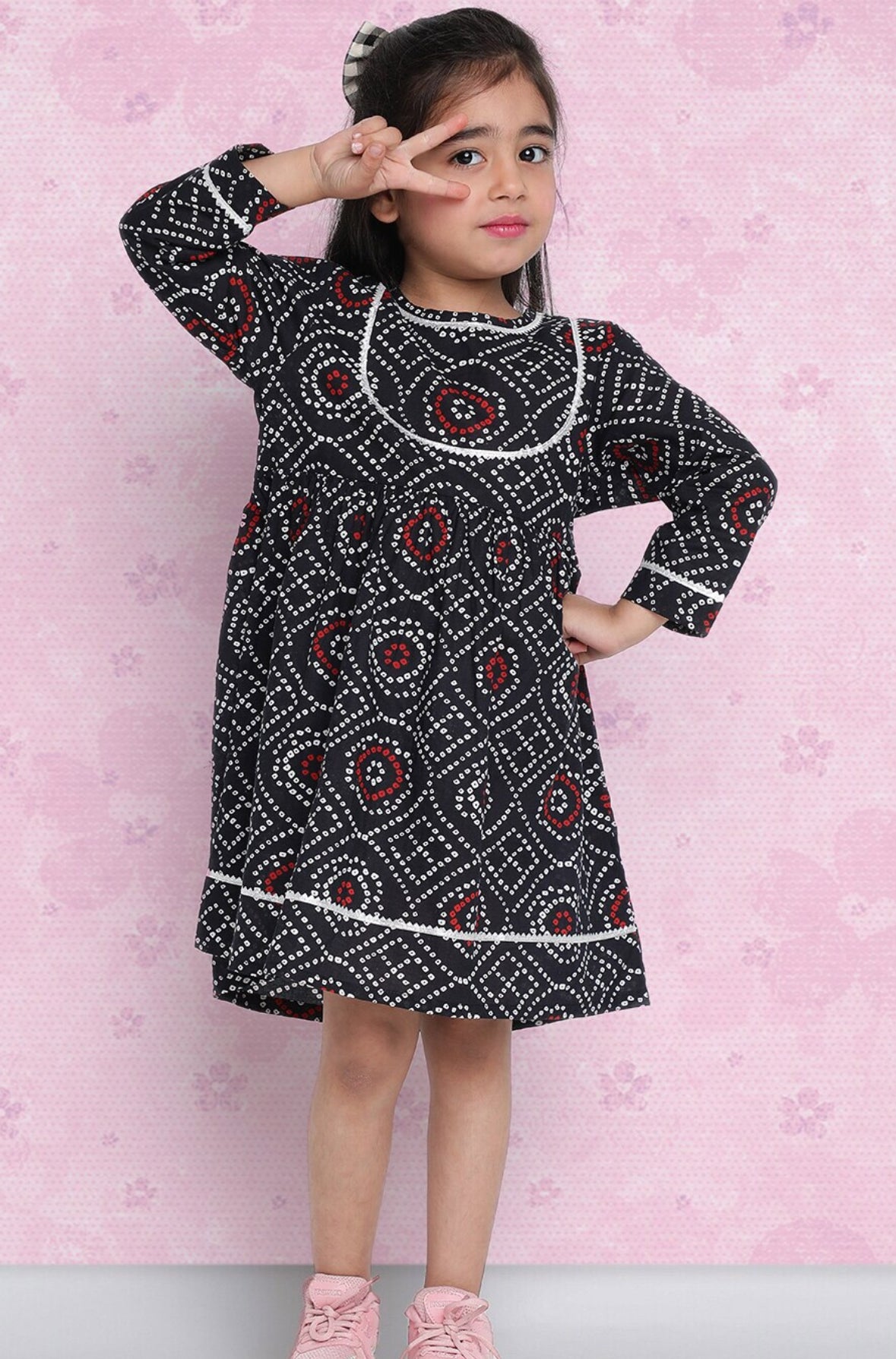Girls Black Ethnic Print Pure Cotton Fit & Flare Dress Indo-Silae