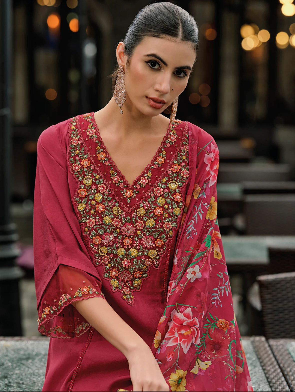 Red Embroidered A-Line Kurta Trousers With Dupatta Set