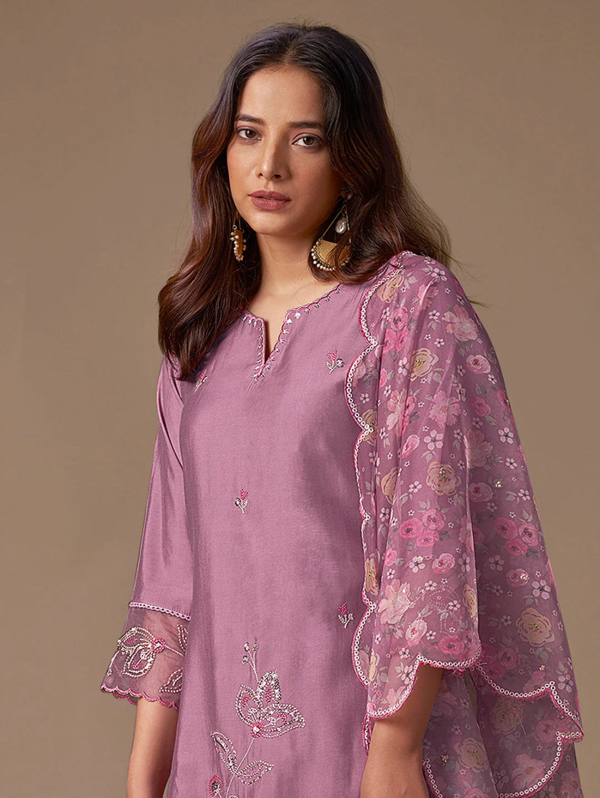 Lavender Embroidered Straight Kurta Trousers With Dupatta Set Silae: Shop Ethnic & Western Wear for Women