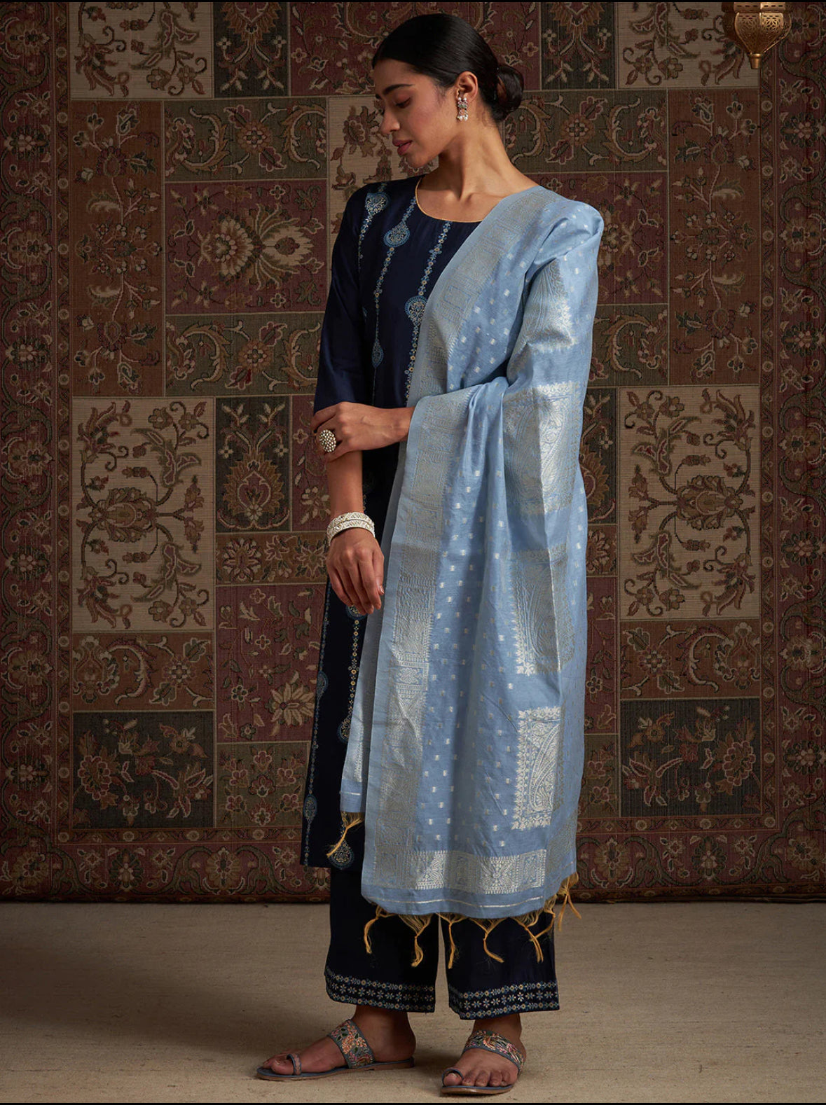 Navy Blue Embroidered Straight Kurta Palazzos With Dupatta Set Indo-Silae