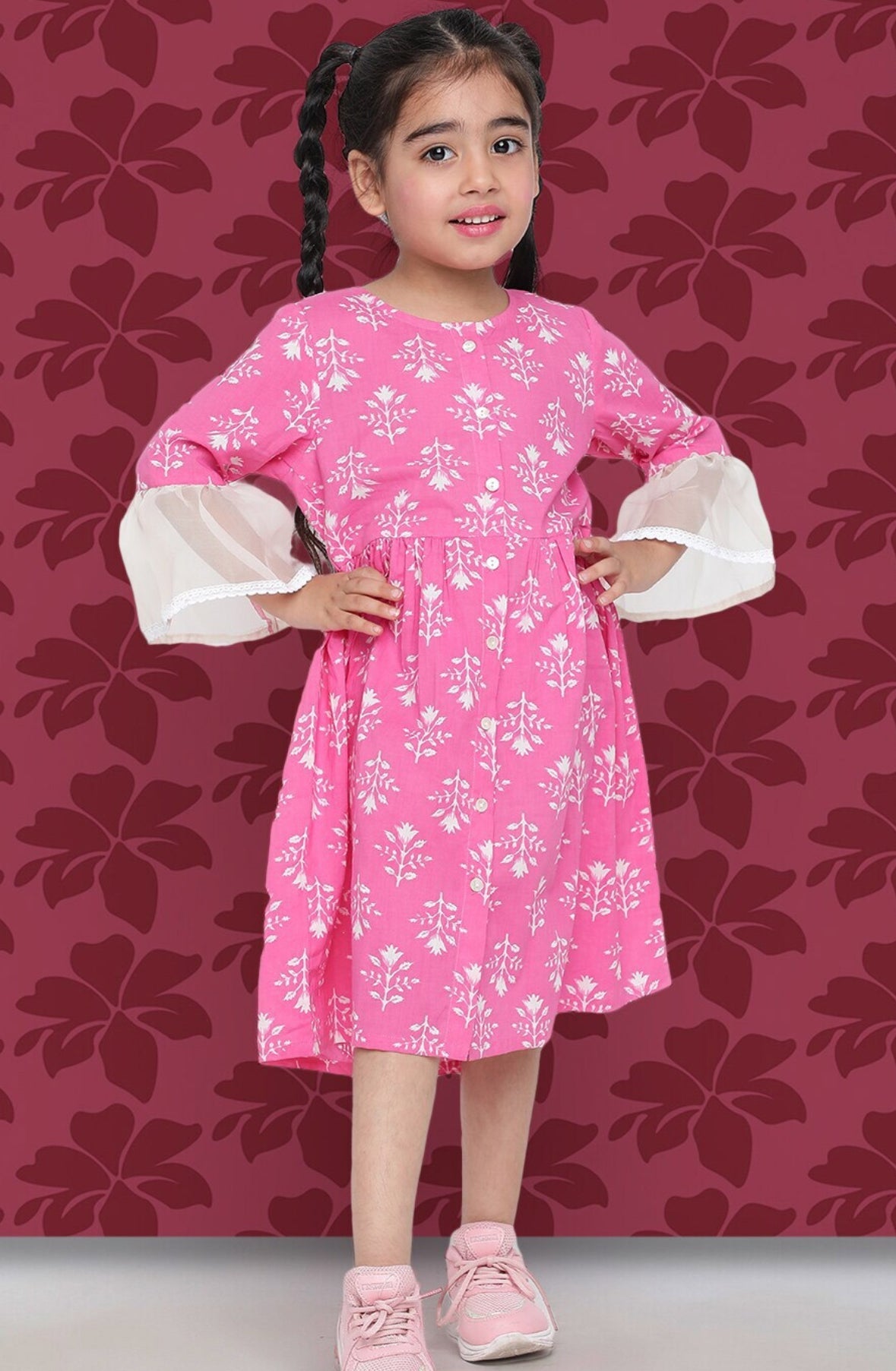Girls Pink Floral Printed Bell Sleeve Cotton A-Line Dress Indo-Silae