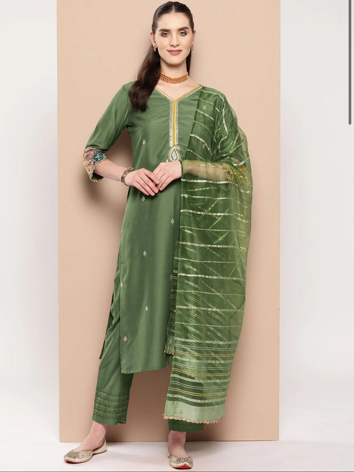 Green Embroidered Straight Kurta Trousers With Dupatta Set