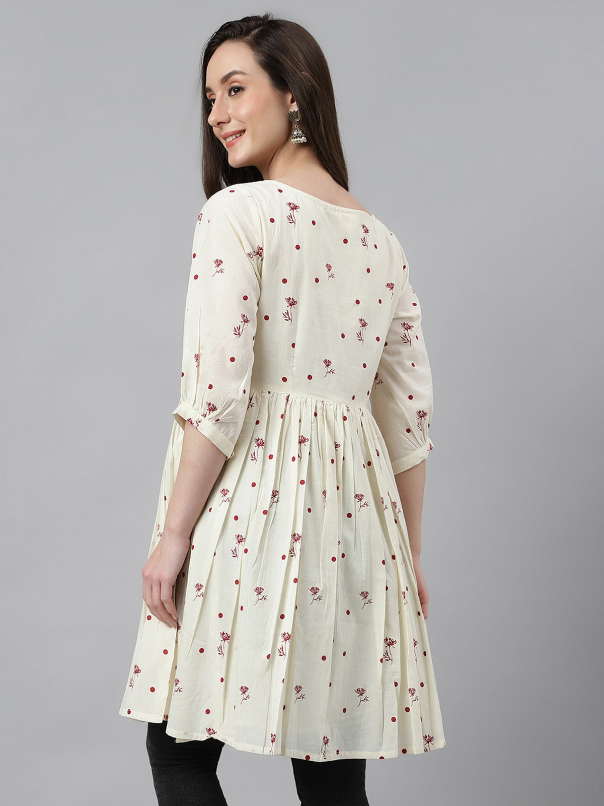 Women's Off White Cambric Cotton Botanical Print Flared Tunic My Store