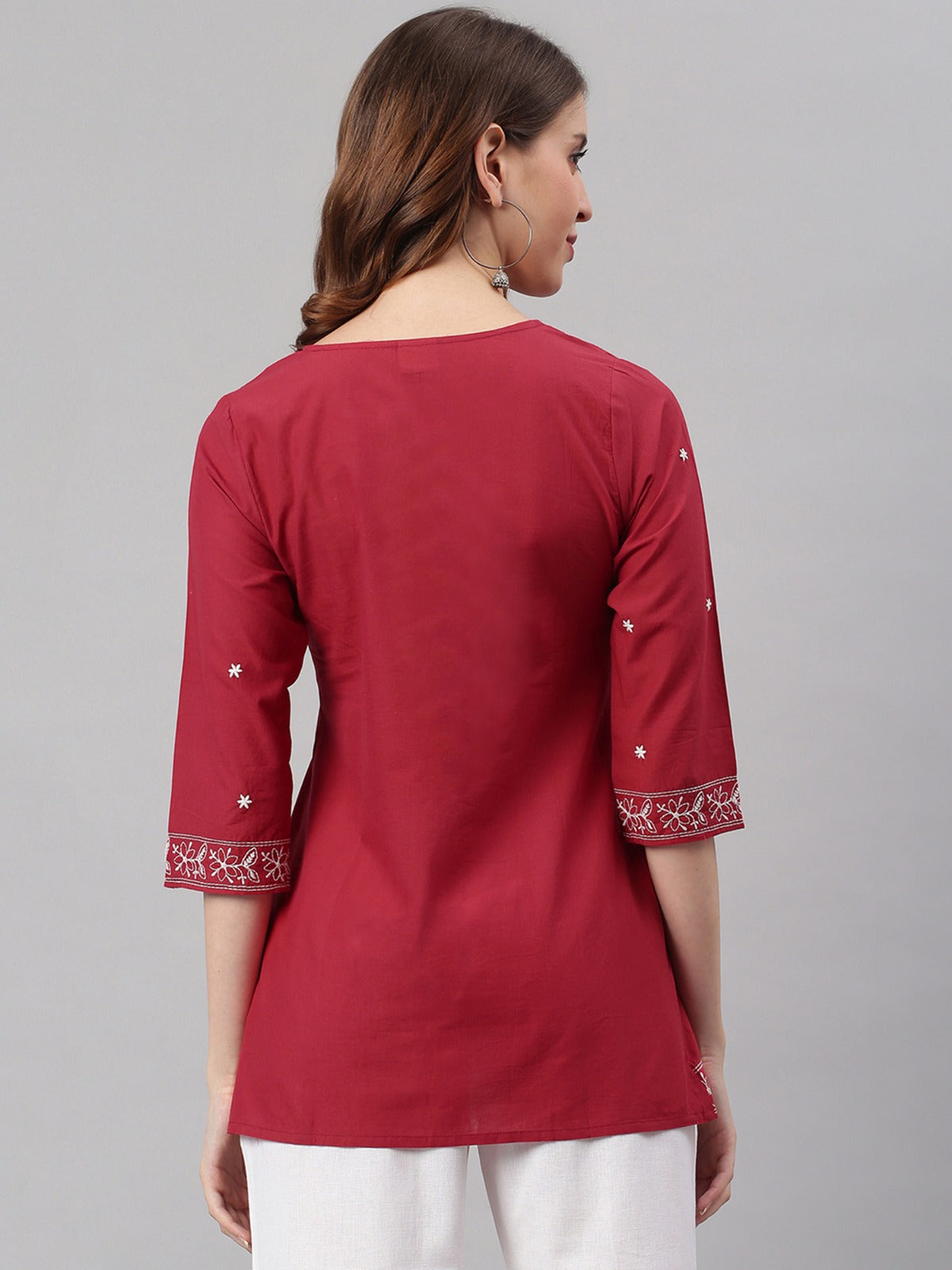 Women's Maroon Cotton Embroidered Trapeze Tunic My Store
