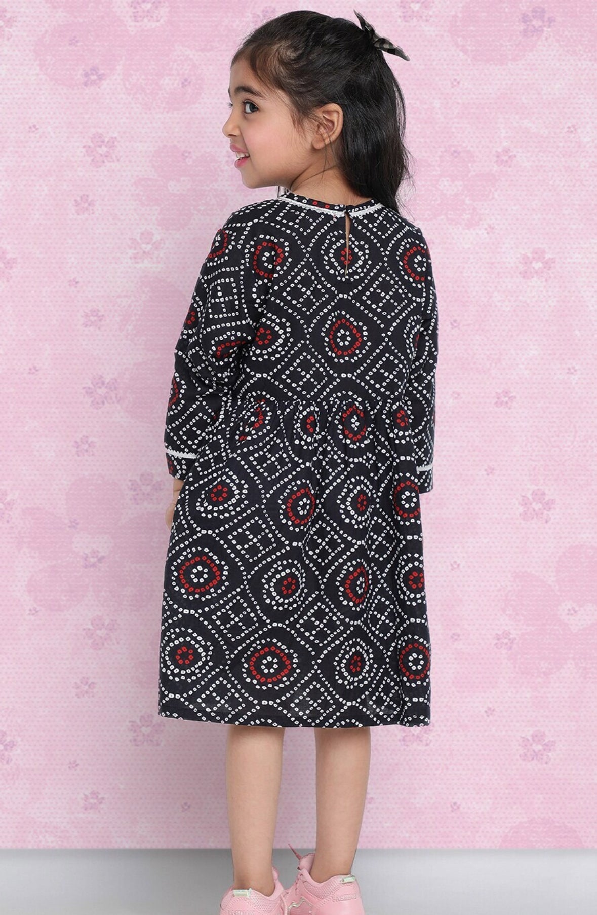 Girls Black Ethnic Print Pure Cotton Fit & Flare Dress Indo-Silae
