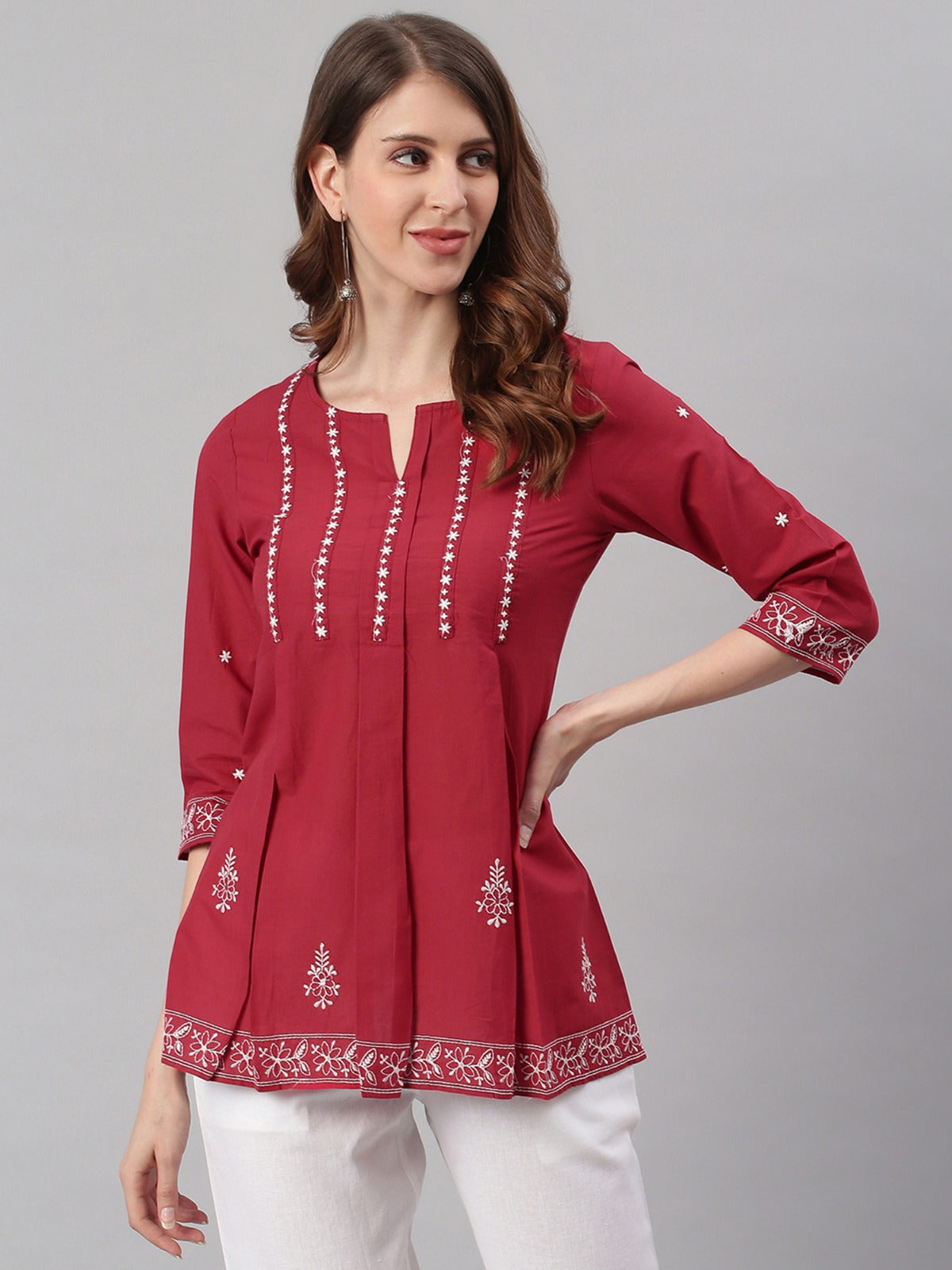 Women's Maroon Cotton Embroidered Trapeze Tunic My Store