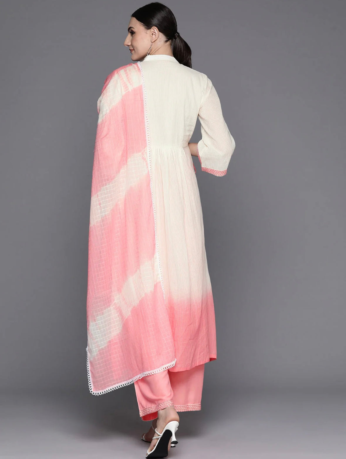 Pink Embroidered A-Line Kurta Trousers With Dupatta Set Indo-Silae