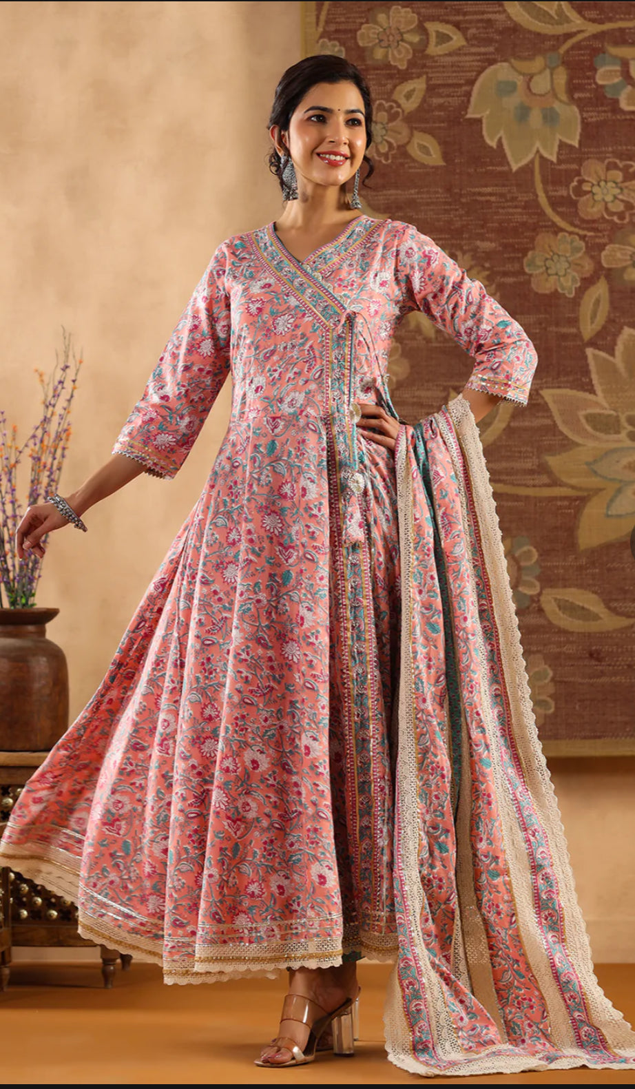 Peach Cotton Embellished Kurta with Pant and Dupatta