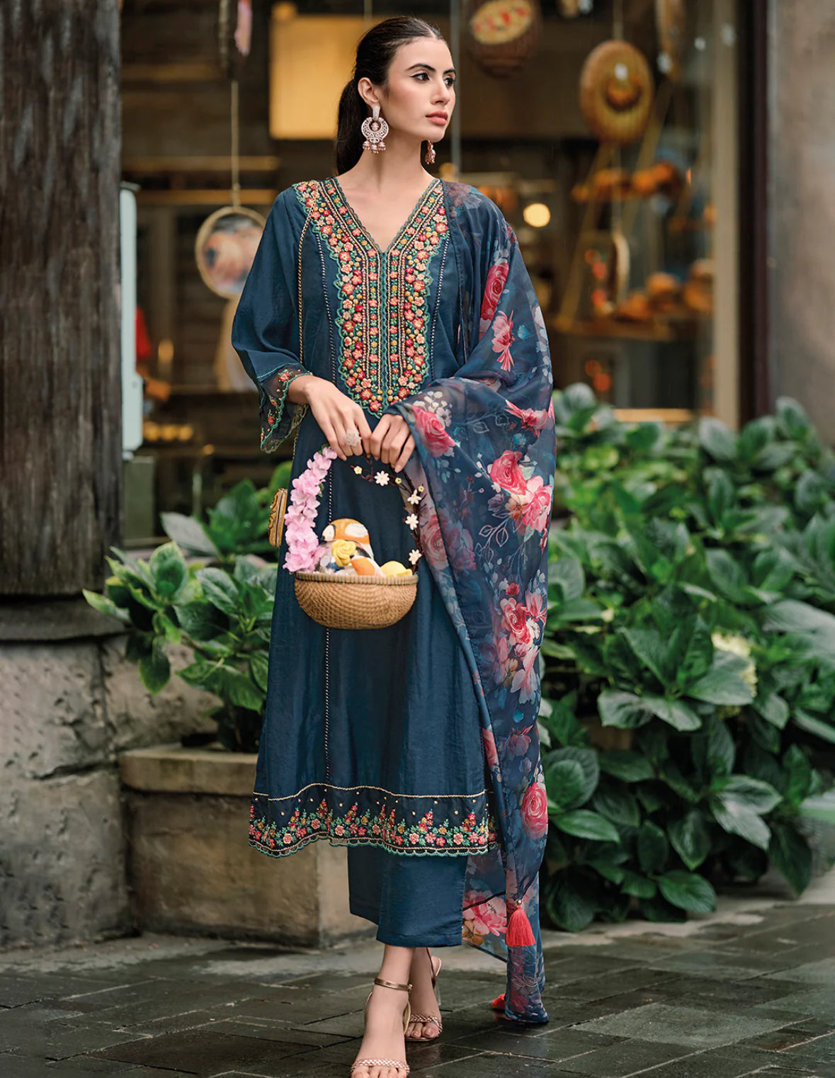 Blue Embroidered A-Line Kurta Trousers With Dupatta Set Indo-Silae