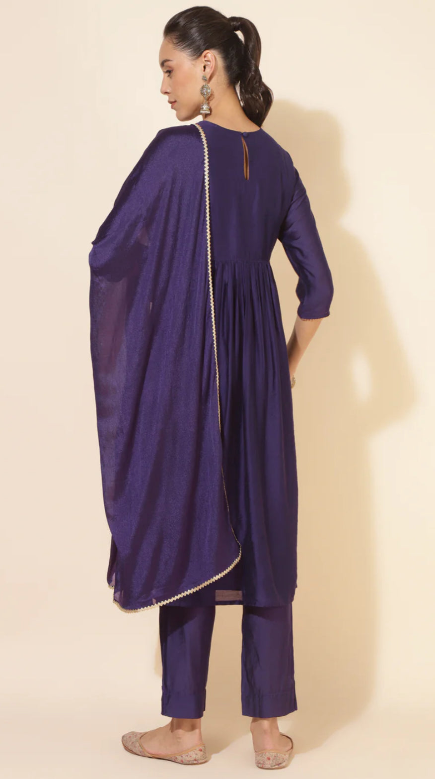Purple Chanderi Yoke Embroidery A-Line Kurta Set