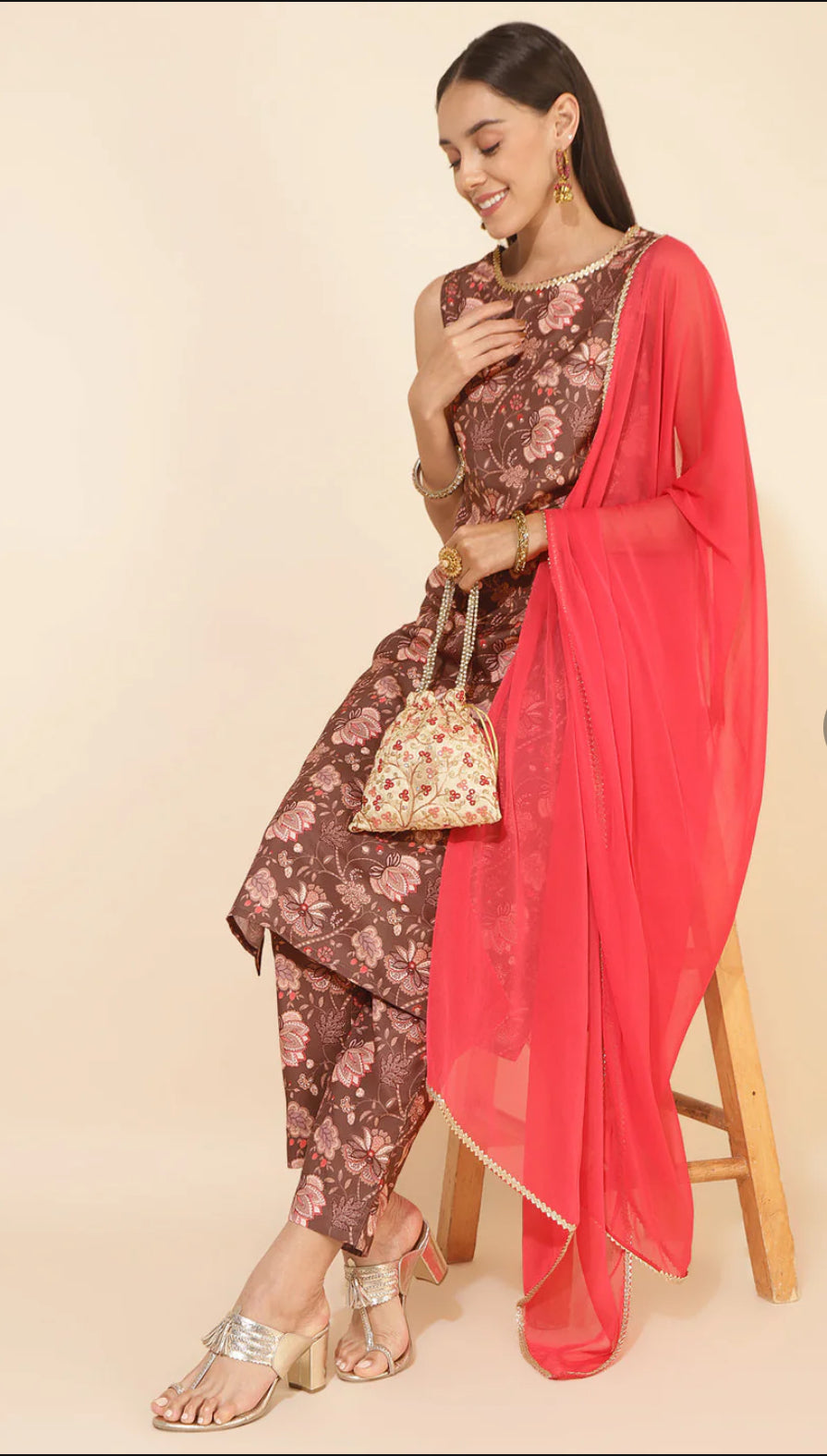 Brown Crepe Digital Floral Printed Kurta with Pant and Dupatta
