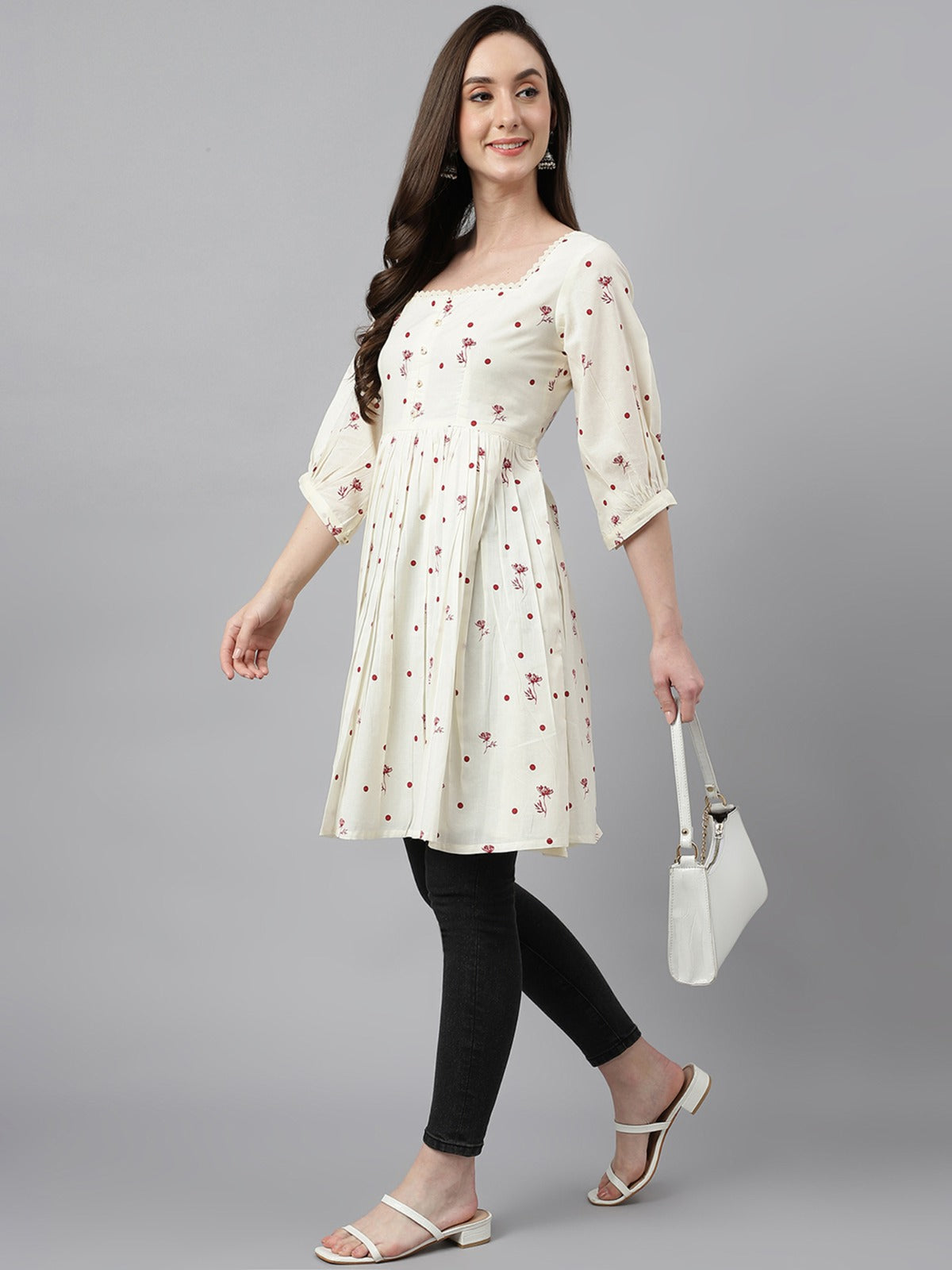 Women's Off White Cambric Cotton Botanical Print Flared Tunic My Store