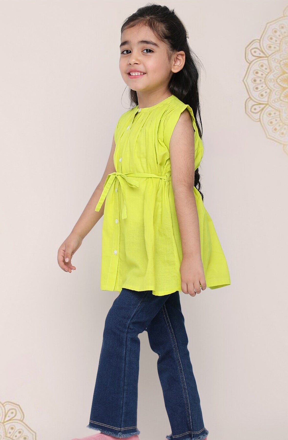 Girls Green Band Collar Extended Sleeves Cotton Top Indo-Silae
