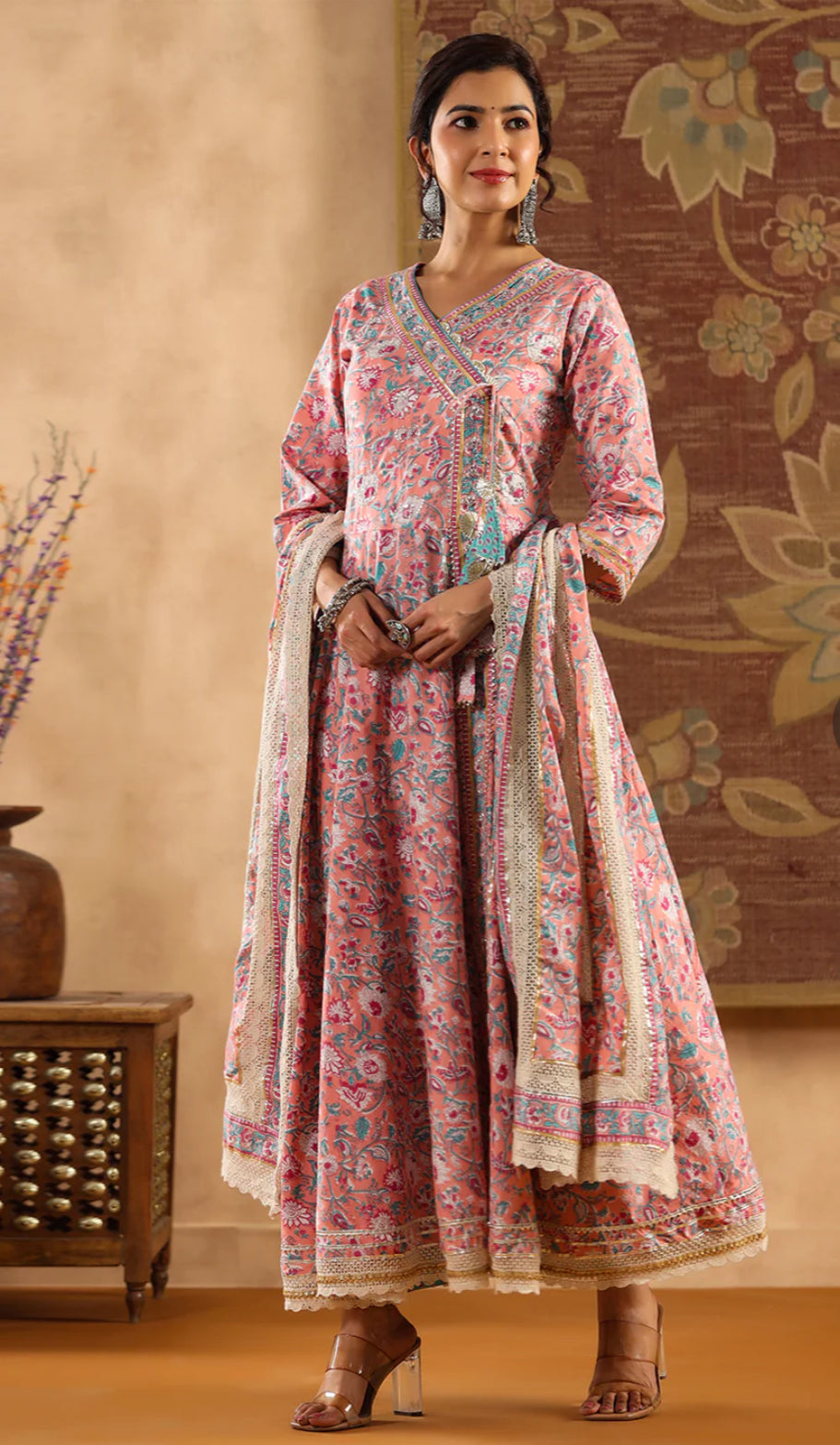 Peach Cotton Embellished Kurta with Pant and Dupatta