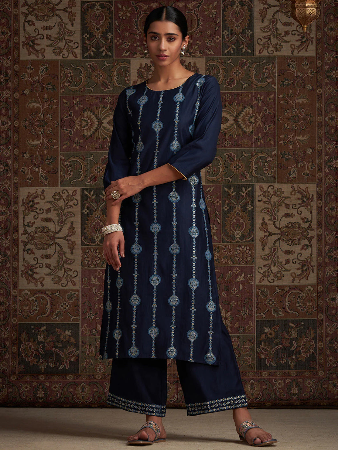 Navy Blue Embroidered Straight Kurta Palazzos With Dupatta Set Indo-Silae
