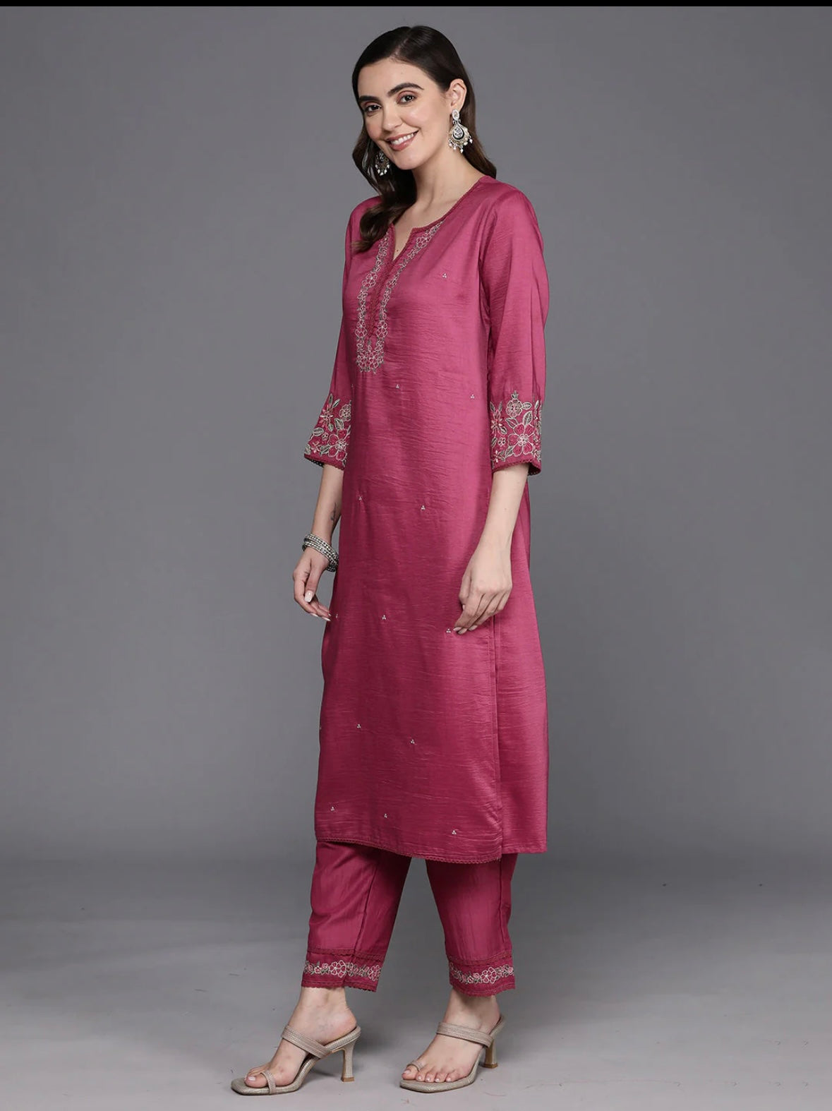 Pink Embroidered Straight Kurta Trousers With Dupatta Set Indo-Silae