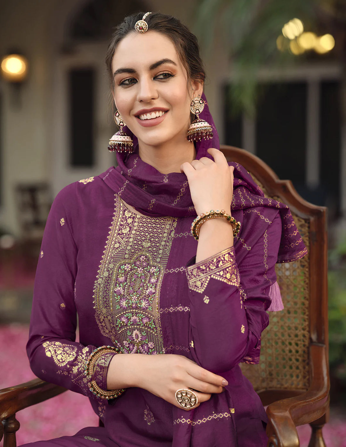 Burgundy Embroidered Straight Kurta Trousers With Dupatta Set Silae: Shop Ethnic & Western Wear for Women