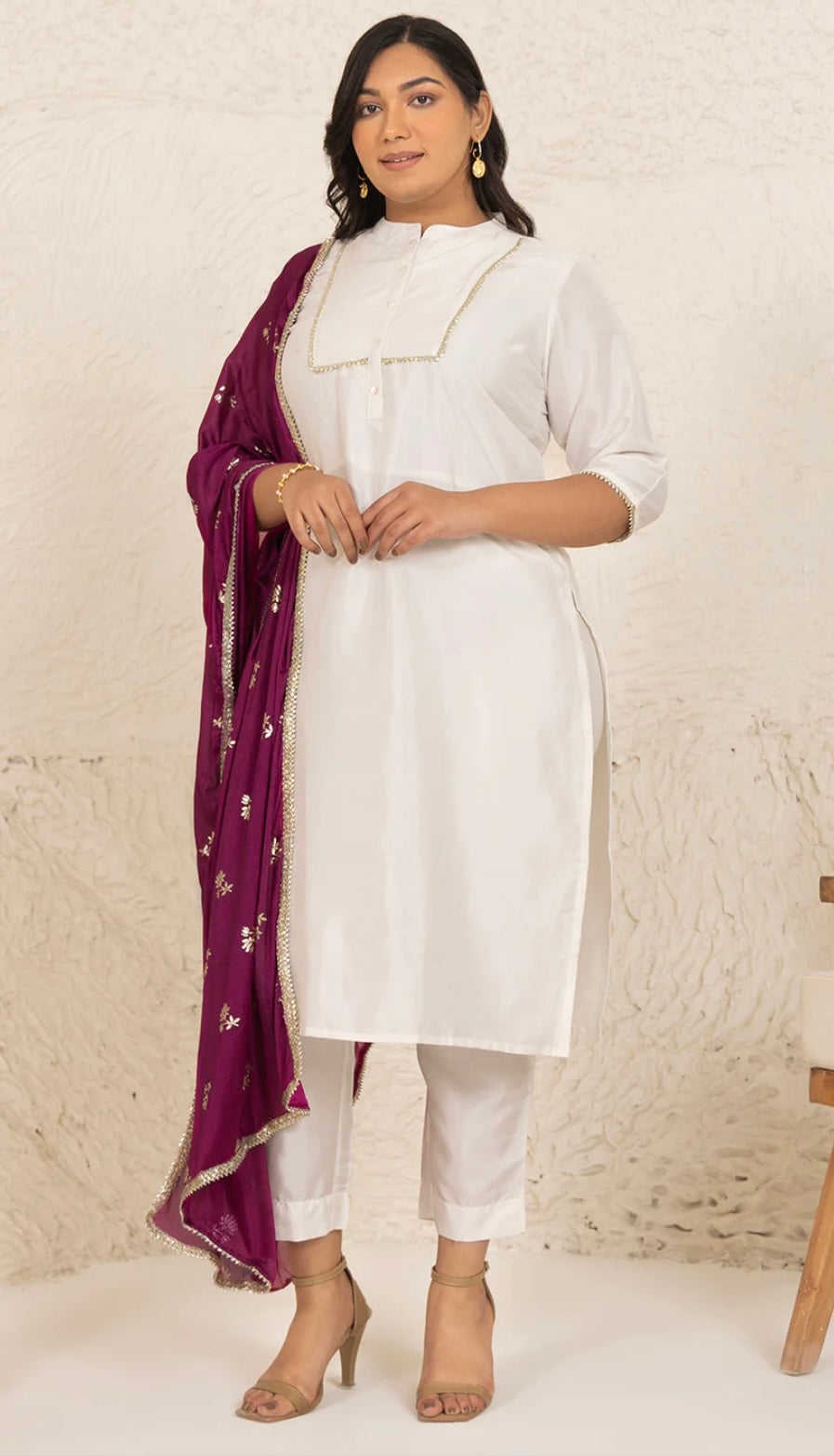 Plus Size White Poly Silk Kurta With Pant and Dupatta