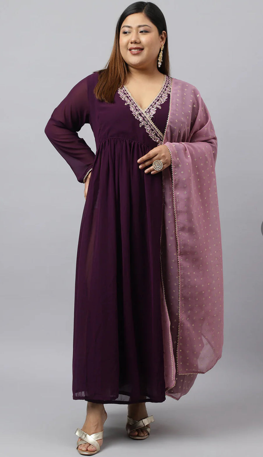 Wine Georgette Embellished Kurta with Dupatta