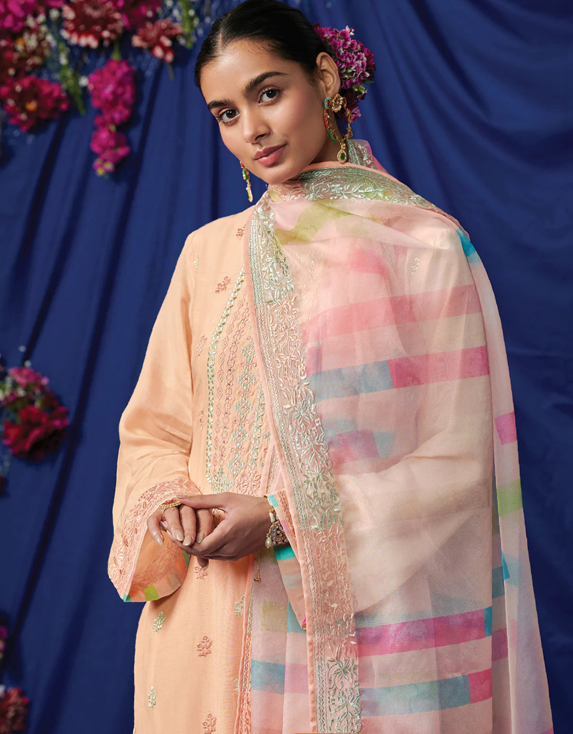 Peach Embroidered Straight Kurta Trousers With Dupatta Set