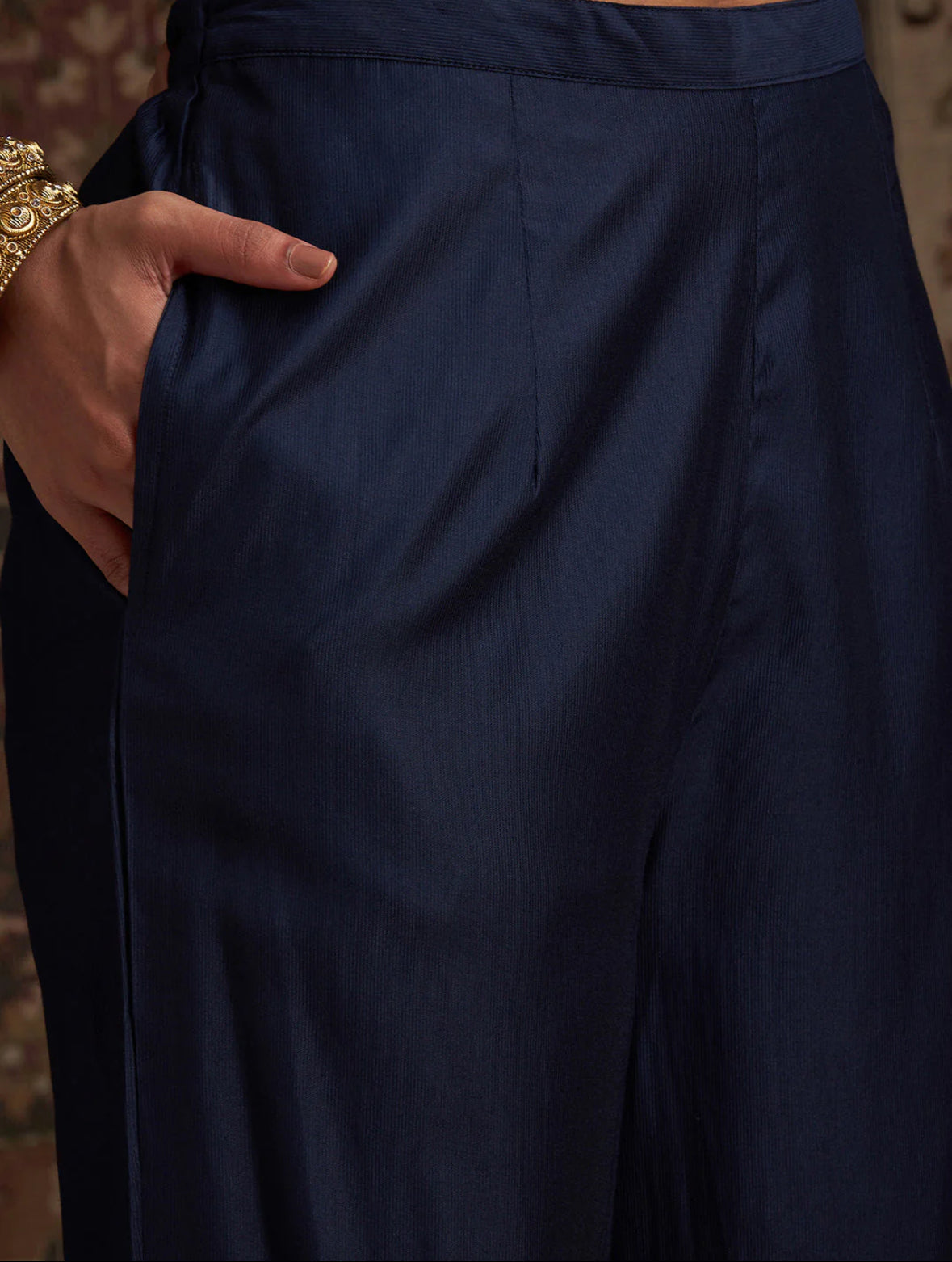Navy Blue Embroidered Straight Kurta Palazzos With Dupatta Set Indo-Silae