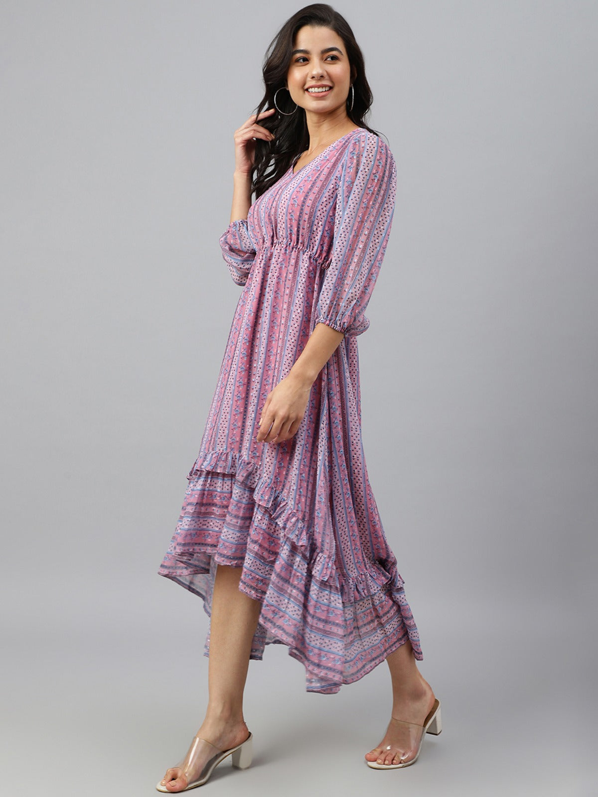 Women's Pink Dobby Georgette Digital Print High Low Western Dress My Store