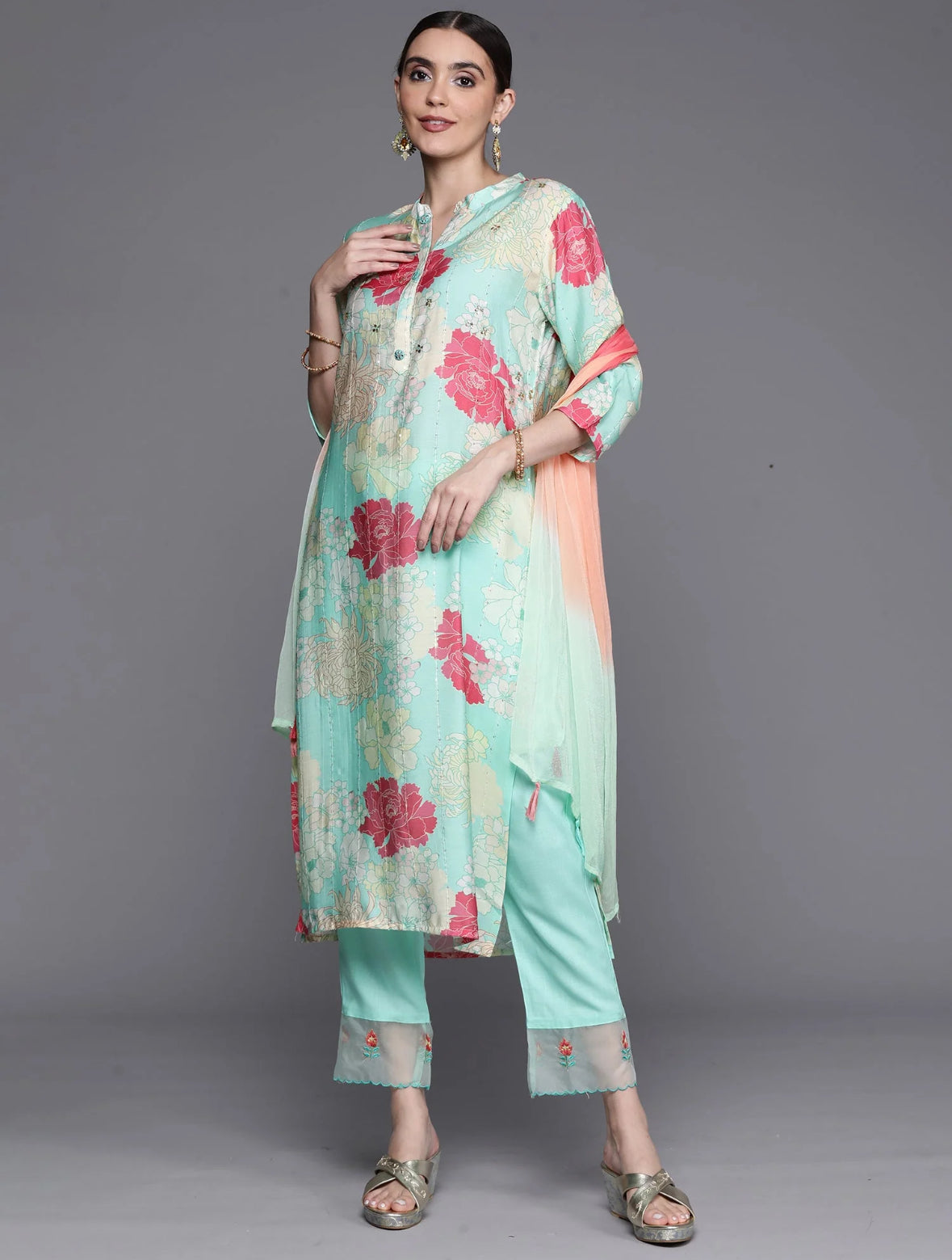Sea Green Embroidered Ethnic Straight Kurta Trousers With Dupatta Set Indo-Silae
