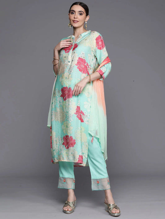 Sea Green Embroidered Ethnic Straight Kurta Trousers With Dupatta Set Indo-Silae