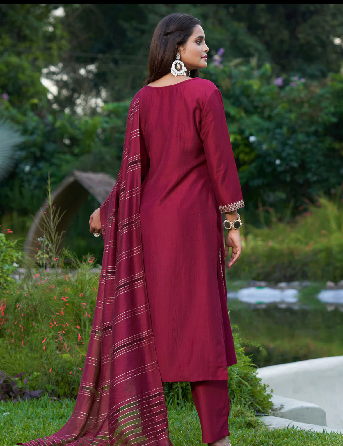 Maroon Embroidered Straight Kurta Trousers With Dupatta Set Indo-Silae