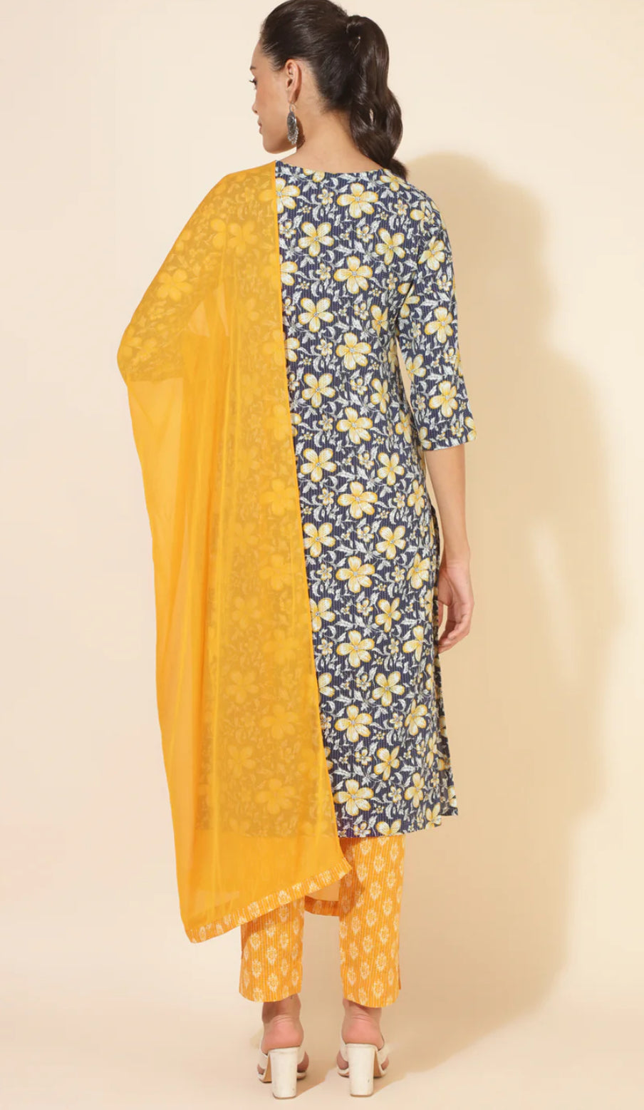 Blue Cotton Floral Regular Kurta Set