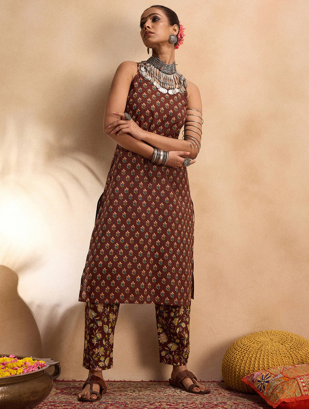 Brown Printed Straight Kurta Trousers set