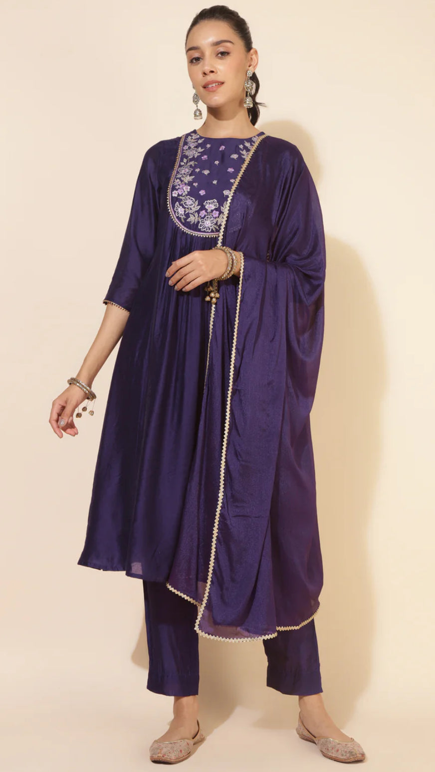 Purple Chanderi Yoke Embroidery A-Line Kurta Set