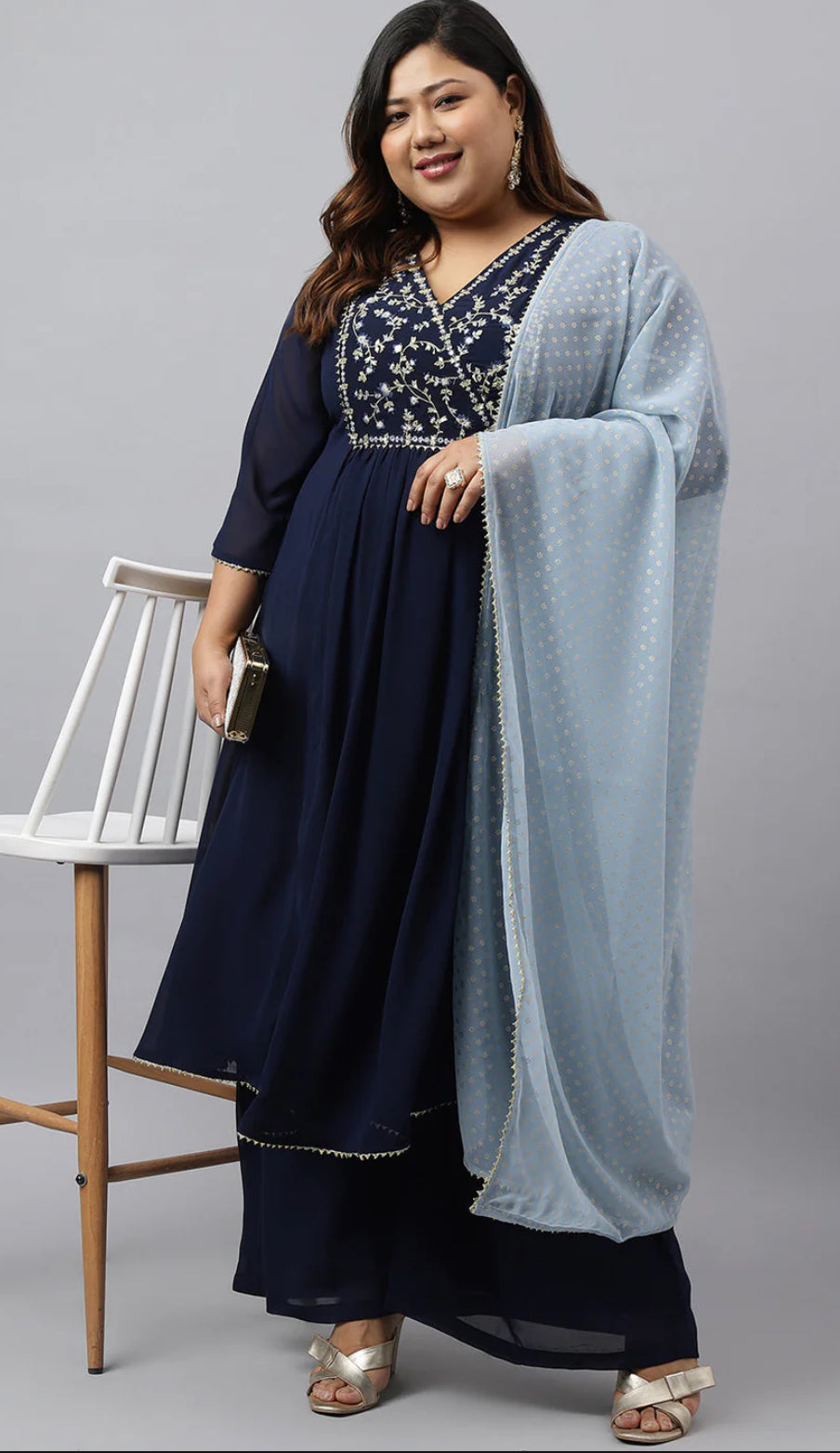 Navy Blue Georgette Yoke Embroidery Kurta with Palazzo and Dupatta