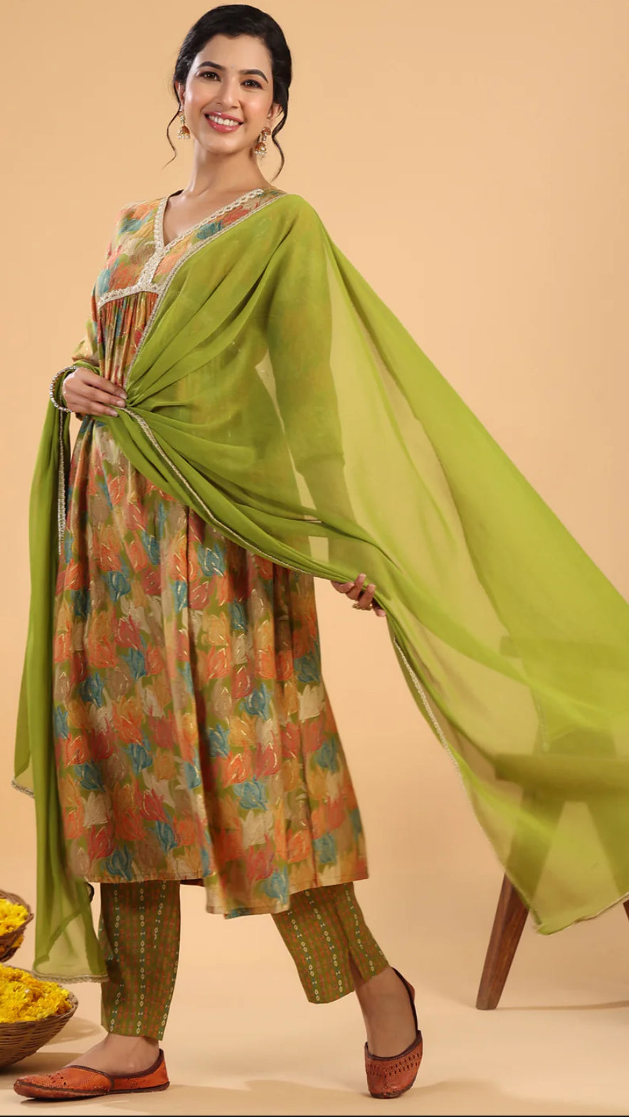 Multicolor Chanderi Blend Floral Gathered Kurta Set