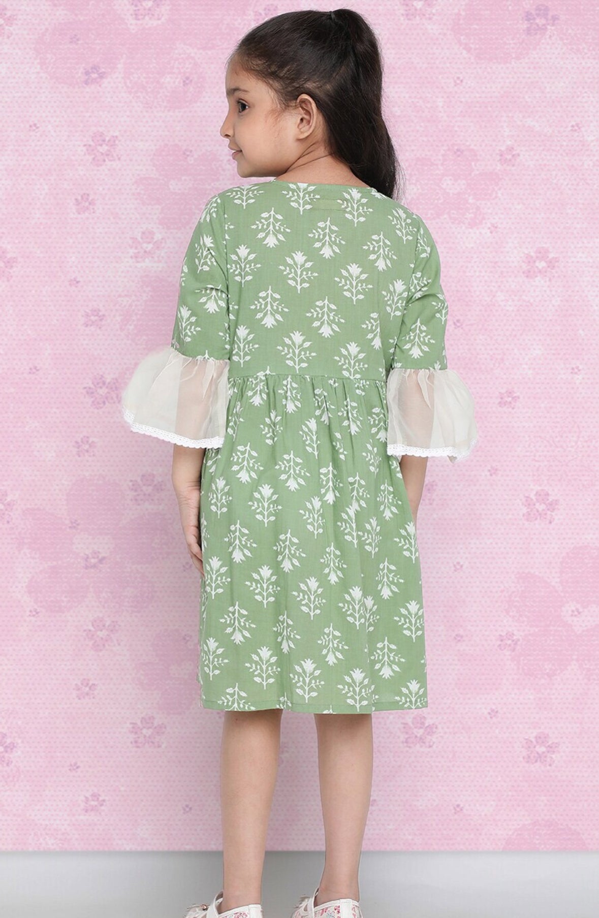 Girls Green Floral Printed Bell Sleeve Cotton A-Line Dress Indo-Silae