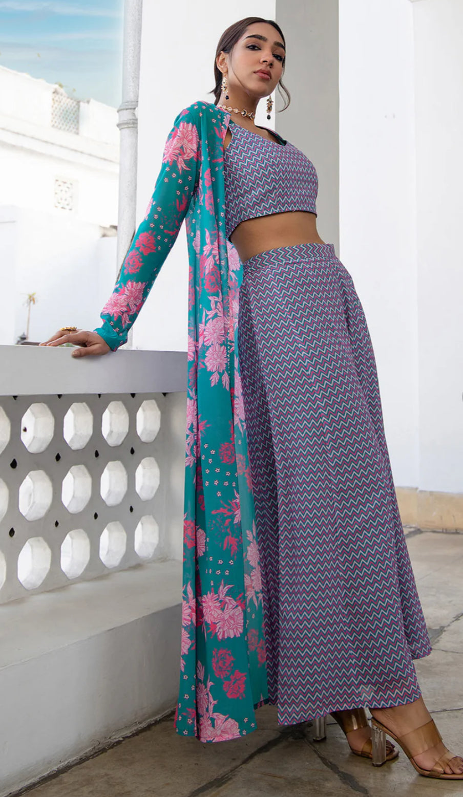 Multicolour Georgette Chevron 3 Piece Jacket Set