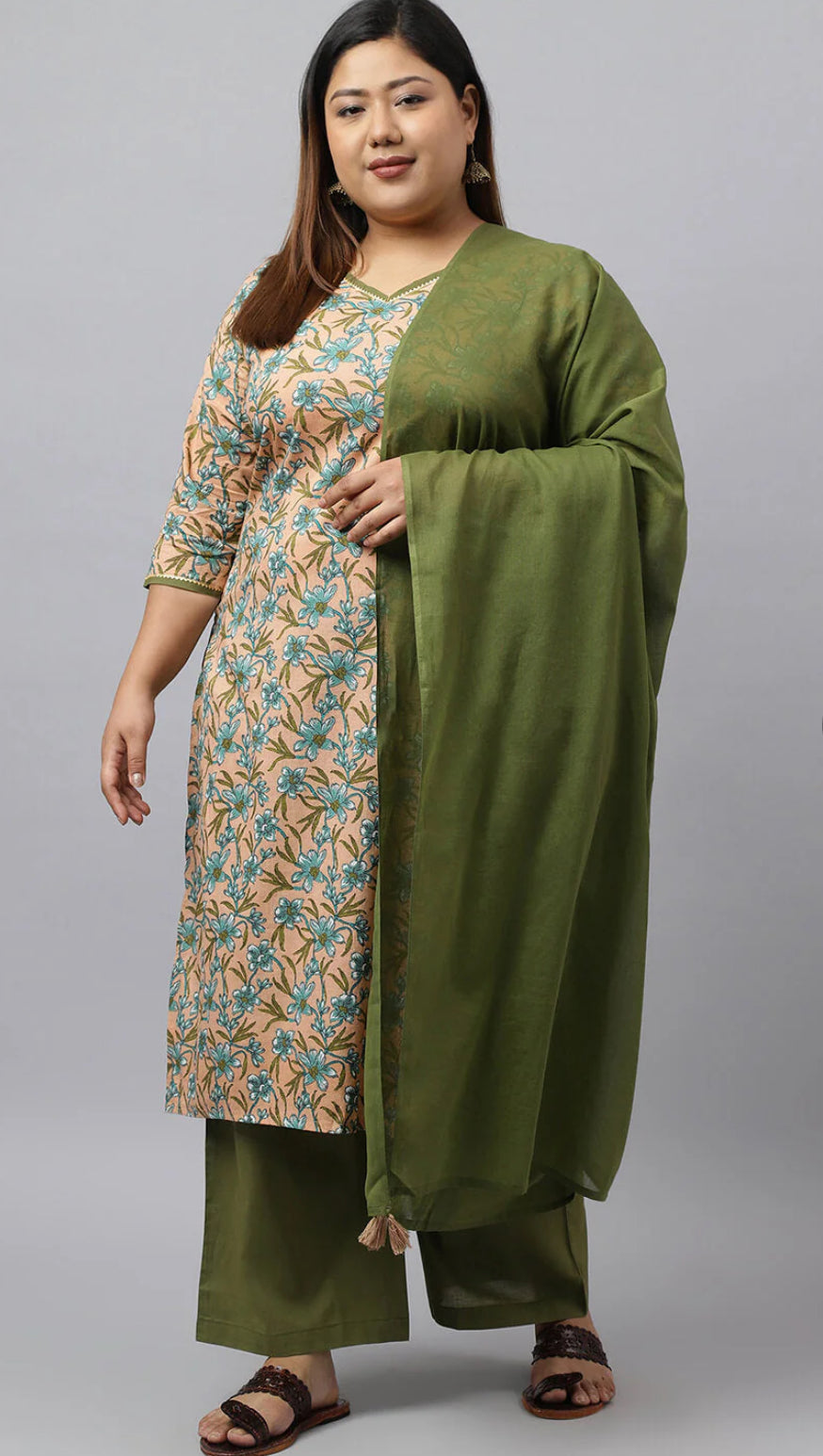 Women's Plus Size Peach Cotton Kurta With Palazzo and Dupatta