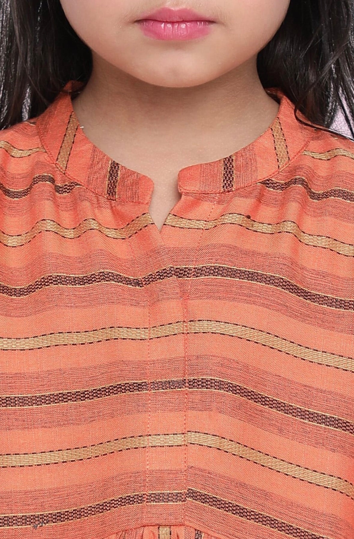 Girls Orange Striped Pure Cotton Fit & Flare Dress Indo-Silae