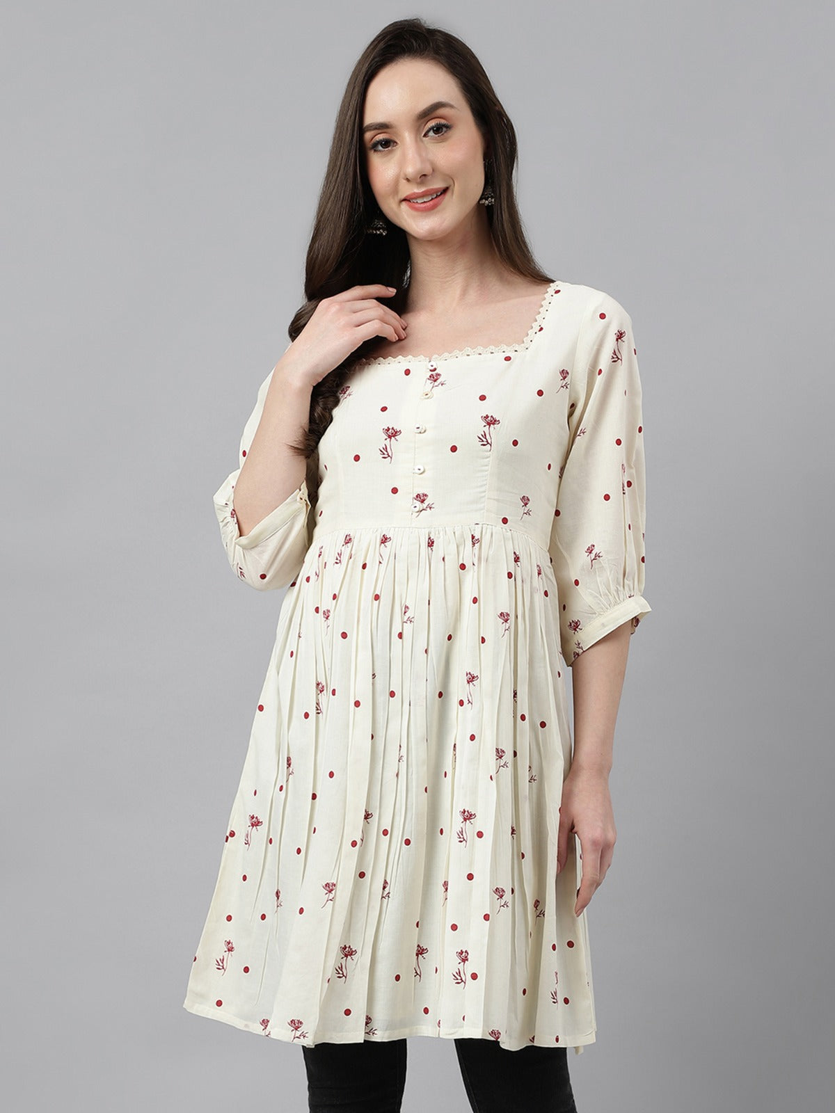 Women's Off White Cambric Cotton Botanical Print Flared Tunic My Store