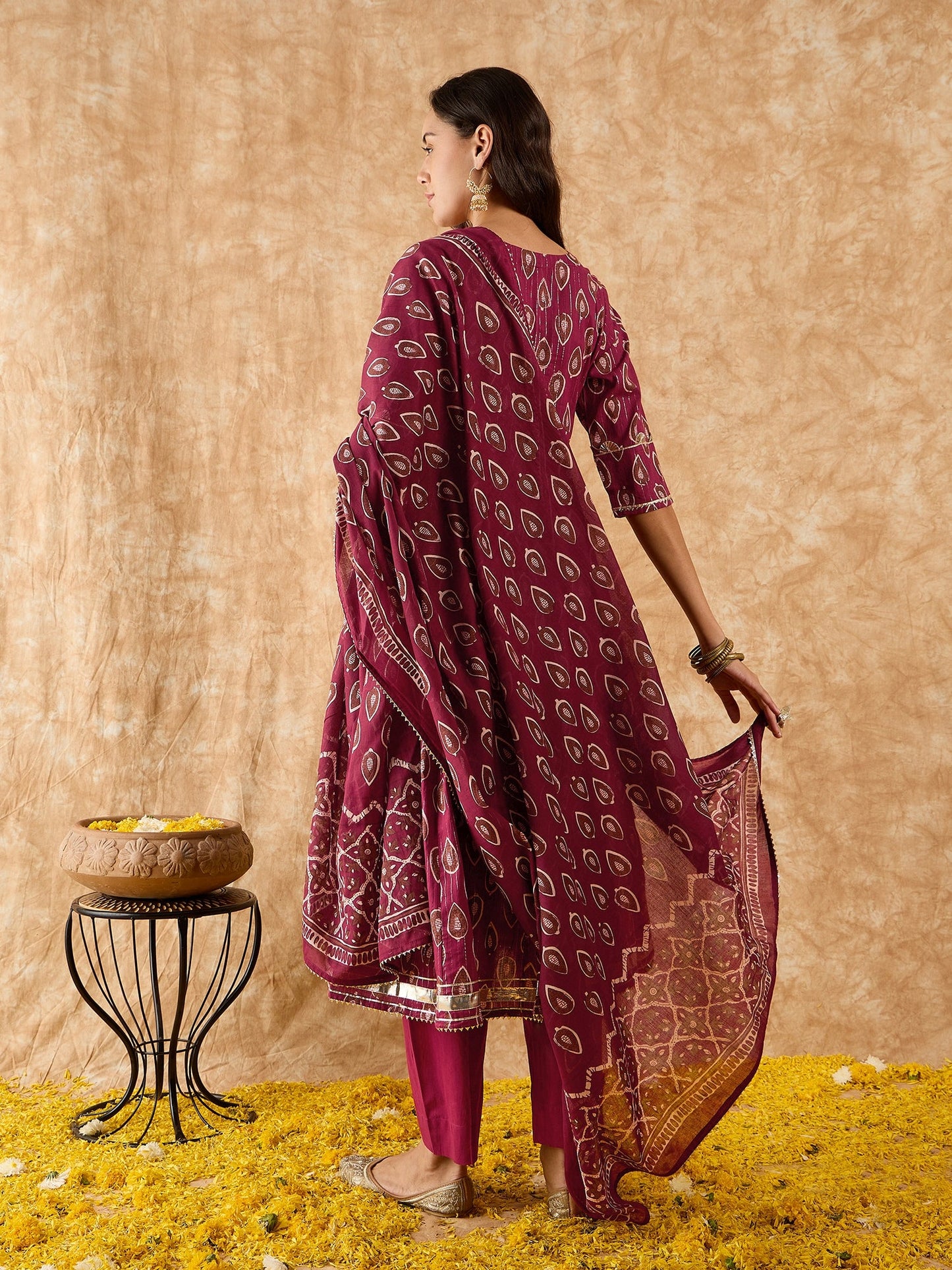 Indo Era Maroon Embroidered A-line Kurta Trouser With Dupatta Set