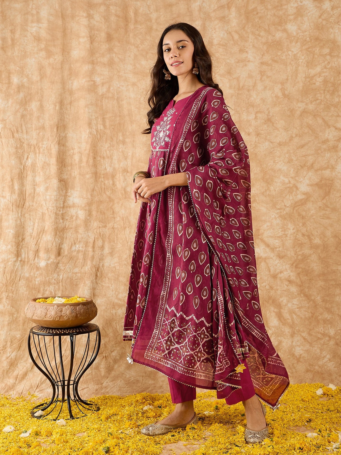 Indo Era Maroon Embroidered A-line Kurta Trouser With Dupatta Set