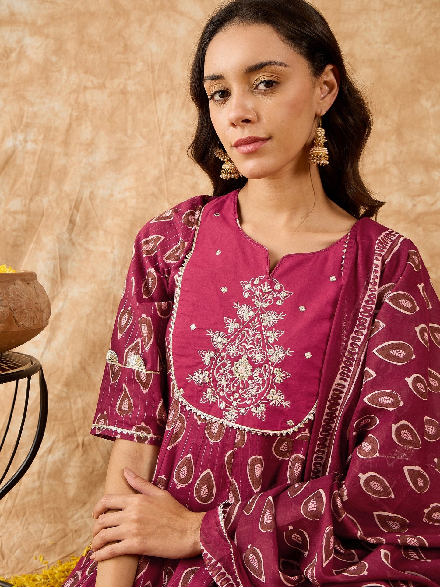Indo Era Maroon Embroidered A-line Kurta Trouser With Dupatta Set