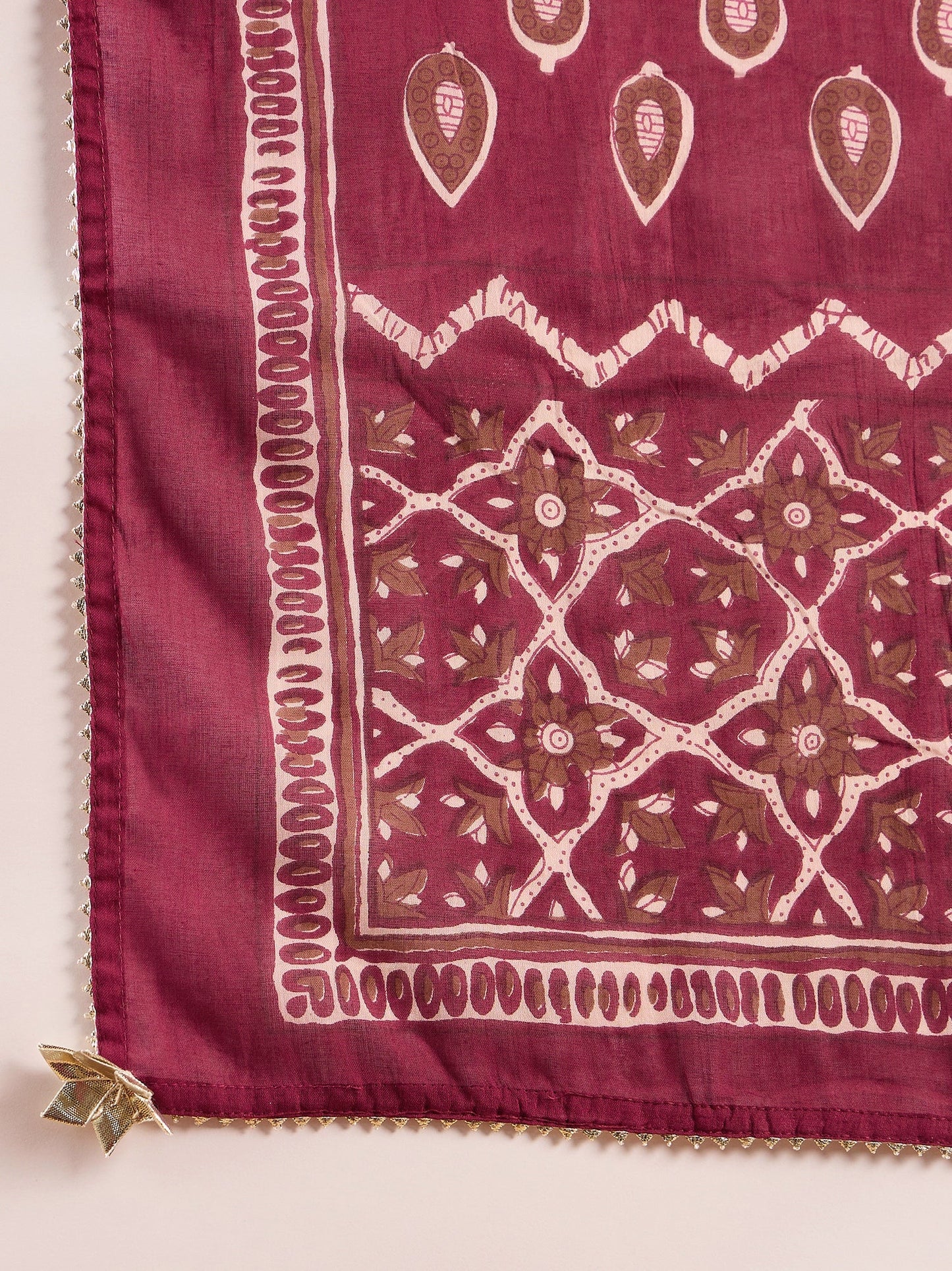 Indo Era Maroon Embroidered A-line Kurta Trouser With Dupatta Set