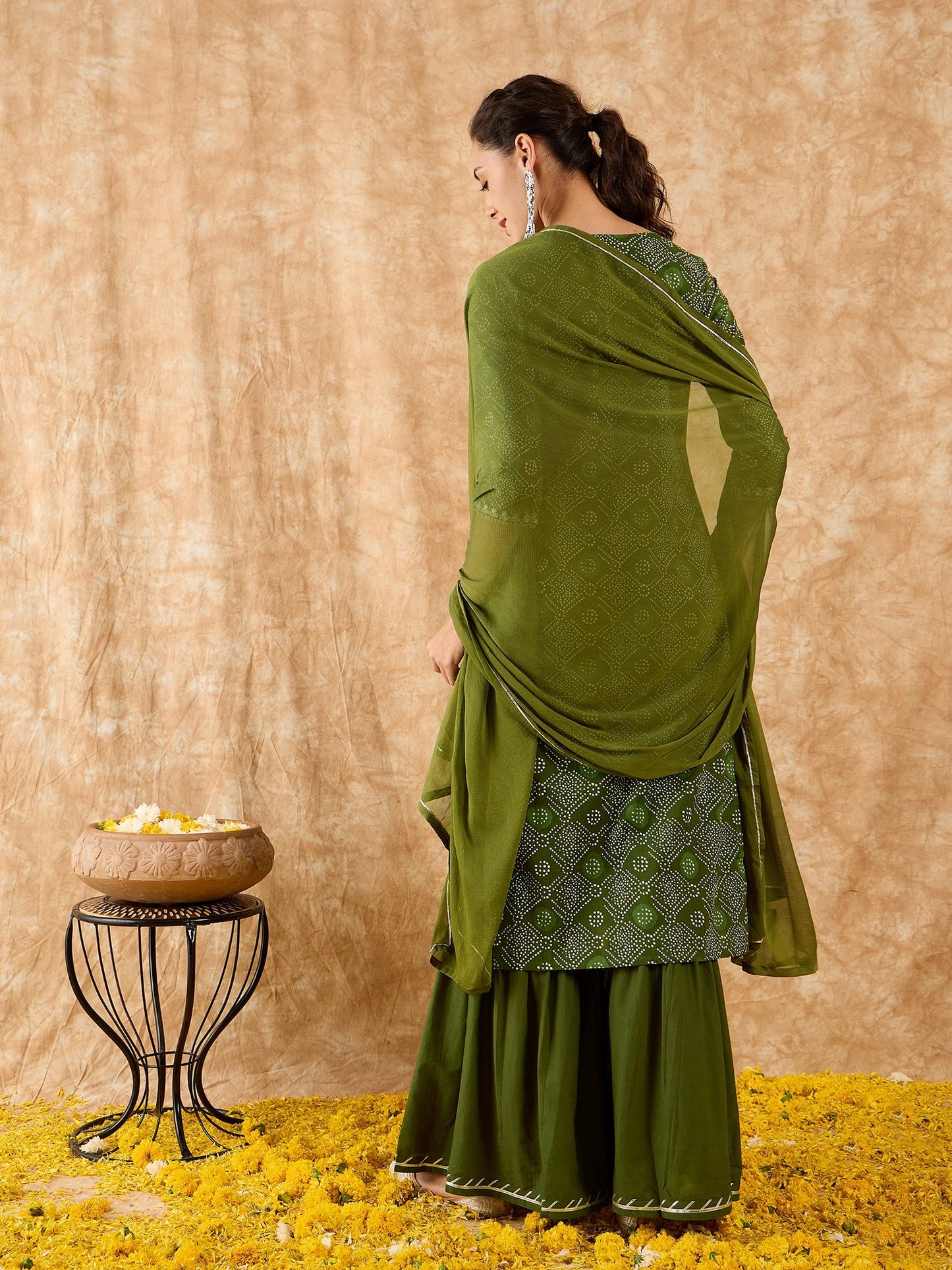 Indo Era Green Printed Straight Kurta Sharara With Dupatta Set