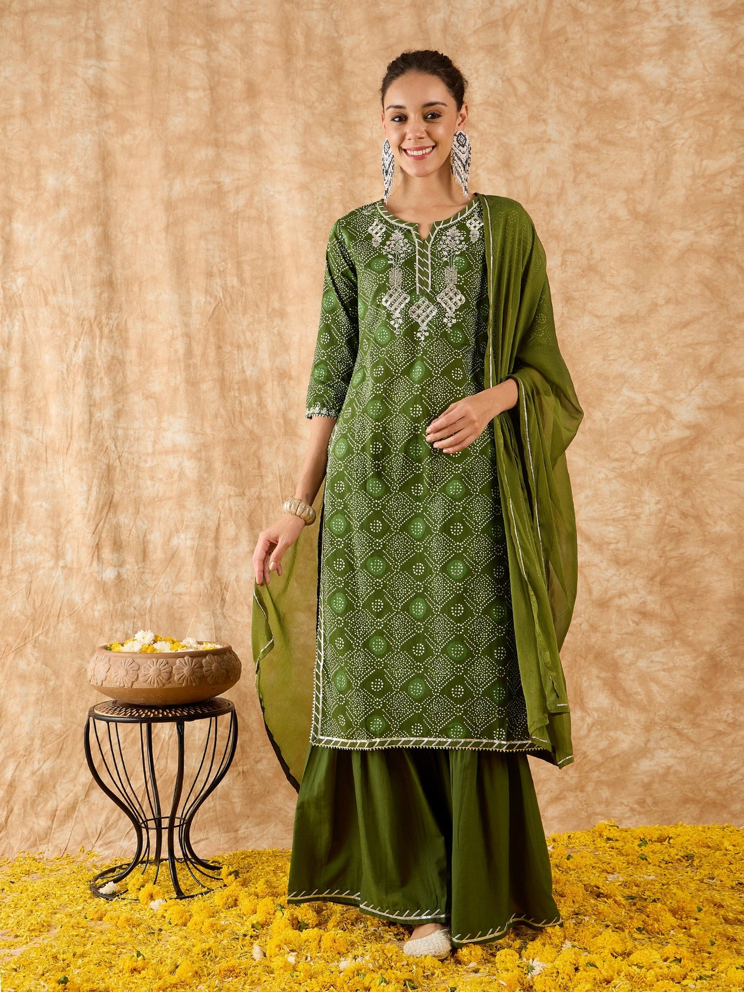 Indo Era Green Printed Straight Kurta Sharara With Dupatta Set